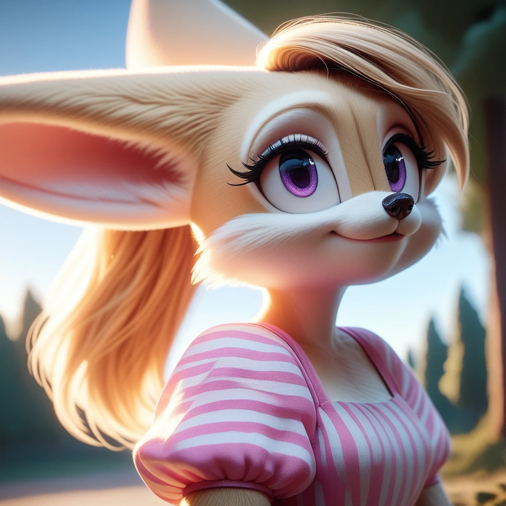 <lora:bing3d-v3b-e8:1>score_9, score_8_up, 3d, by bing3d, depth of field, blurred background, sega, fennec, anthro, detailed fur, blonde hair, ponytail, pink dress, white dress, striped dress, purple eyes, dutch angle, portrait, cinematic production render, backlighting, smile, bow, outdoors, trees, blue sky,