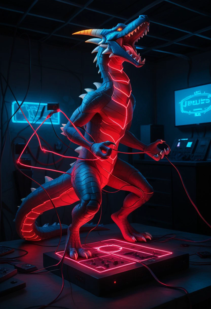 end_tripwire_morph, no humans, spikes, teeth, dragon made out of wire and electrical cables, tail, sharp teeth, claws, open mouth, solo, neon, wires, made of wires, cables, outlined with wires and neon, neon outlines, wire sculpture, neon wire sculpture, PonyXLV6_Scores