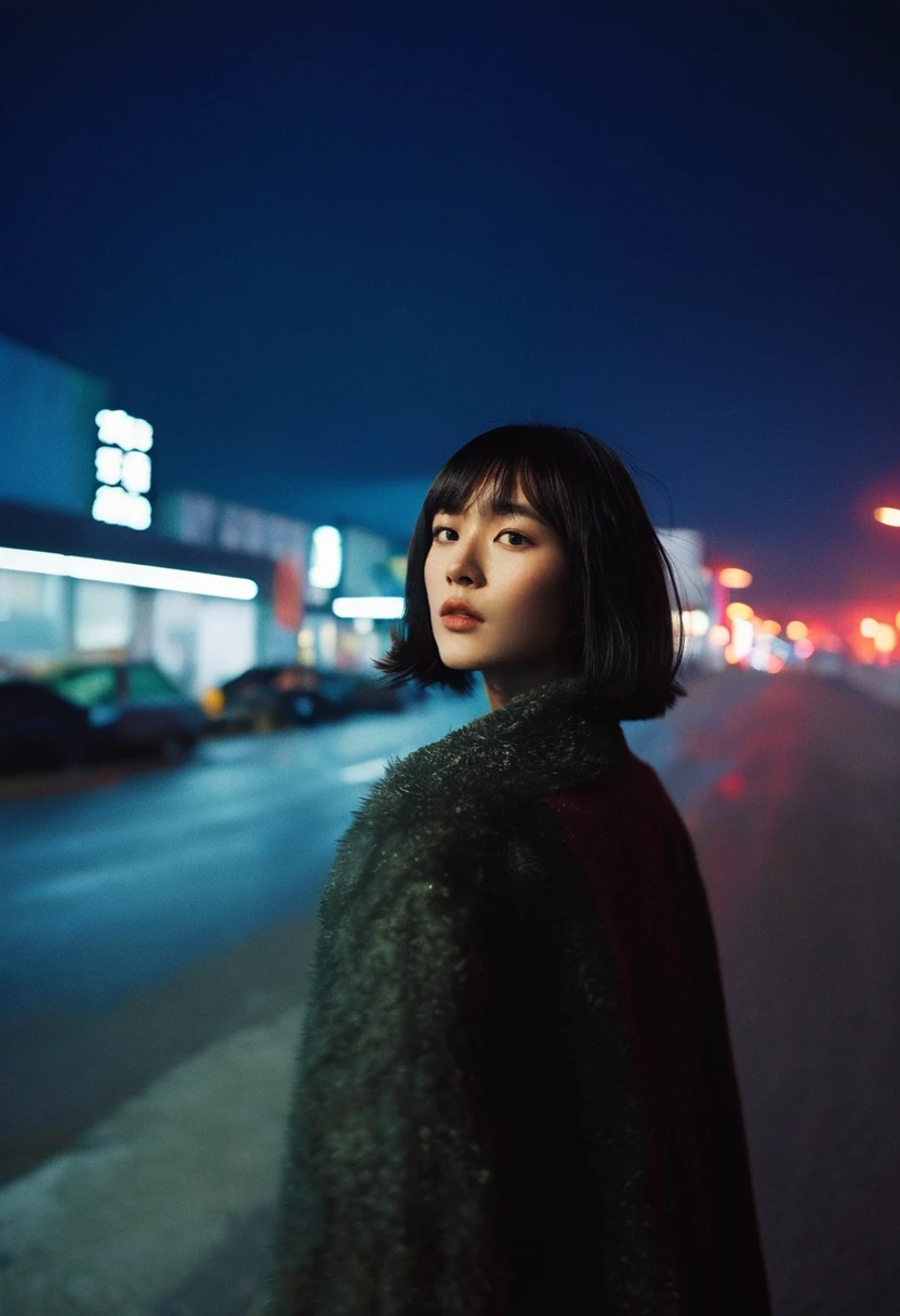 photorealistic, cinematic, wide shot,atmospheric perspective,$season=!autumn$season,wearing $season outfit,Frigid,midnight,Textured Shag Cut,expressionless, detailed background, film photography aesthetic, film grain, analog photography, asian, 