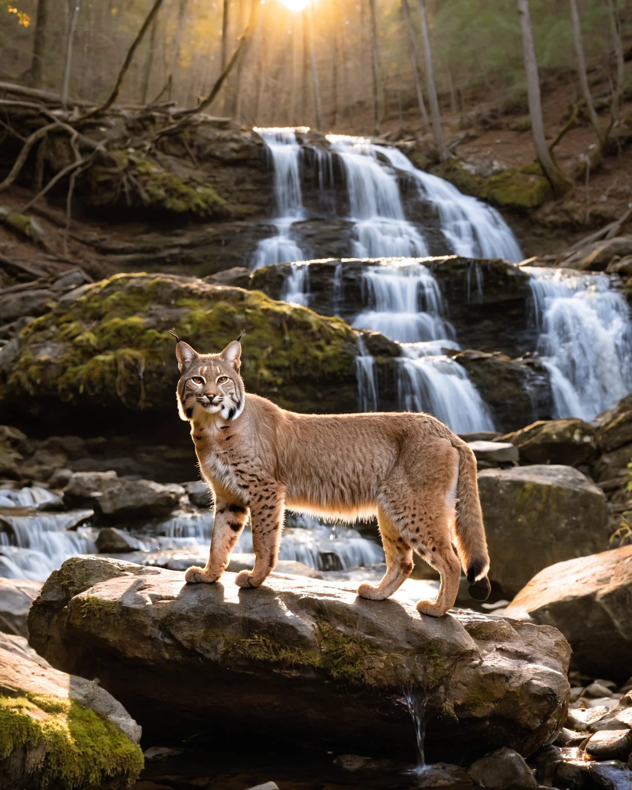 a bobcat near a waterfall in a north American forest, sunrise