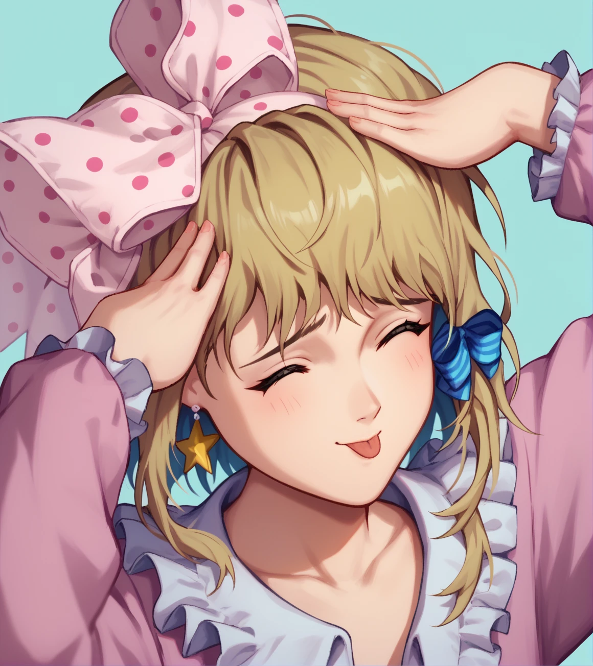 score_9, score_8_up, score_7_up,
<lora:Robot_Carnival_Presence:1>
Presence, blonde hair, pink dress with frilled collar, upper body, (pink polka dot bow), star earring, blue hair ribbons,
AhEtoBlehMeme, closed eyes, tongue out, :p, hands on own head, smile, <lora:AhEtoBlehMeme_pdxl_Incrs_v1:1>,