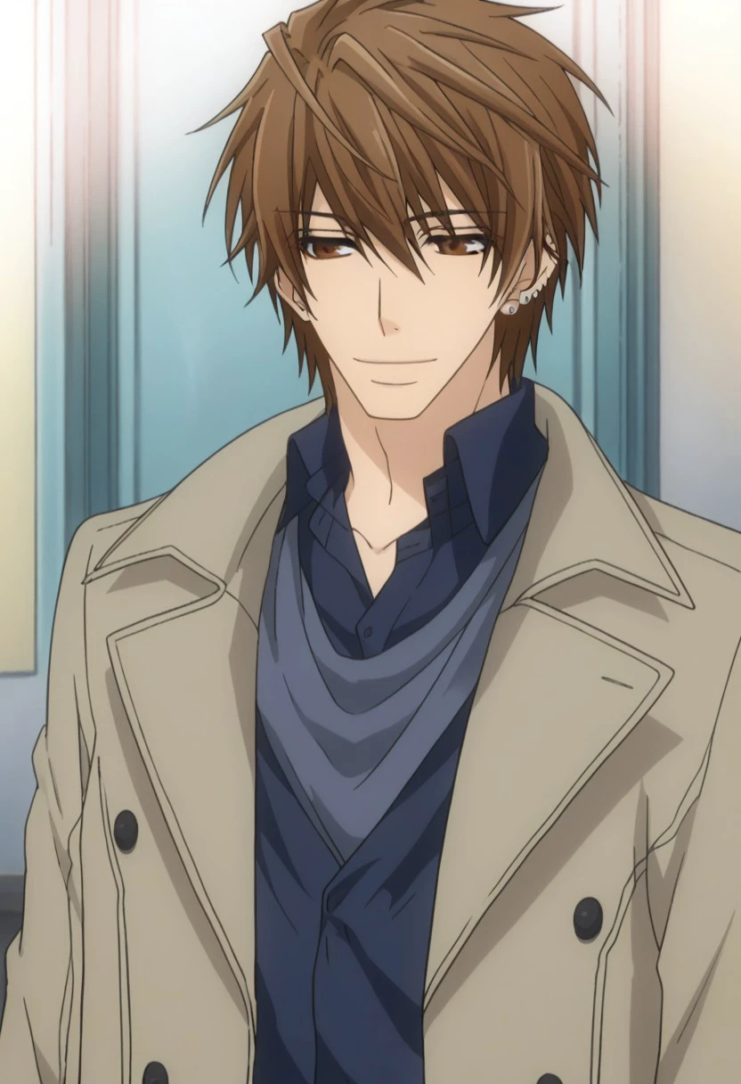 score_9, score_8_up, score_7_up, source_anime, highly detailed, 
yukina, 1boy, male focus, solo, brown hair, brown eyes, upper body, coat, shirt, earrings, jewelry, piercing, smile