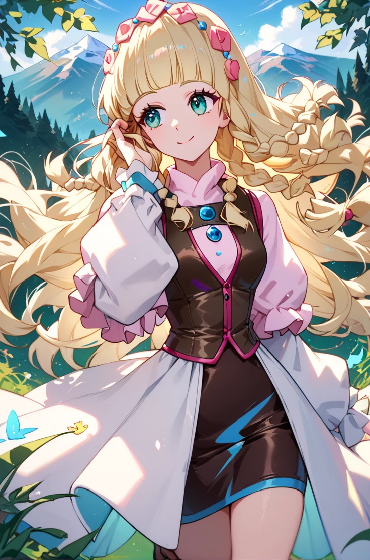 score_9, score_8_up, score_7_up, very aesthetic, source_anime, detailed,
mountains, forest, 
light smile, looking away, hand on hair,
<lora:shirley_autismConfetti_v02:1> shirleyBase,  aqua eyes, blonde hair, braids, long hair,  blunt bangs, 
brown vest, pink puffy sleeves, long white sleeves,  wavy hair, white shirt, brown boots,, zPDXL