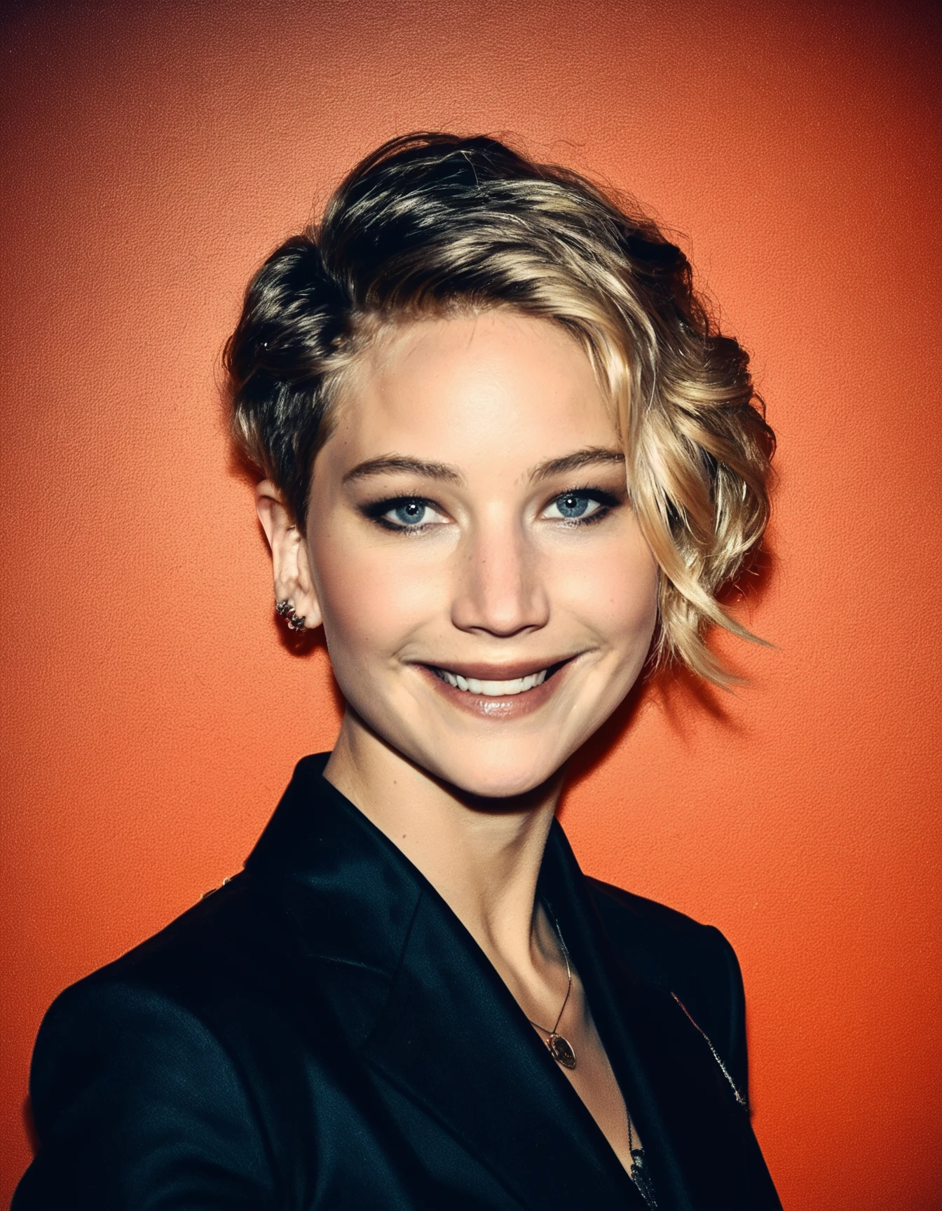 score_9, score_8_up, score_7_up, ohwx, 1girl, realistic, photo, light smile, slim, formal, blonde, pixie cut, <lora:CrunchyBanana_PONY_DORA_Jennifer_Lawrence:1>, red background, solo focus, looking at viewer, rating_safe