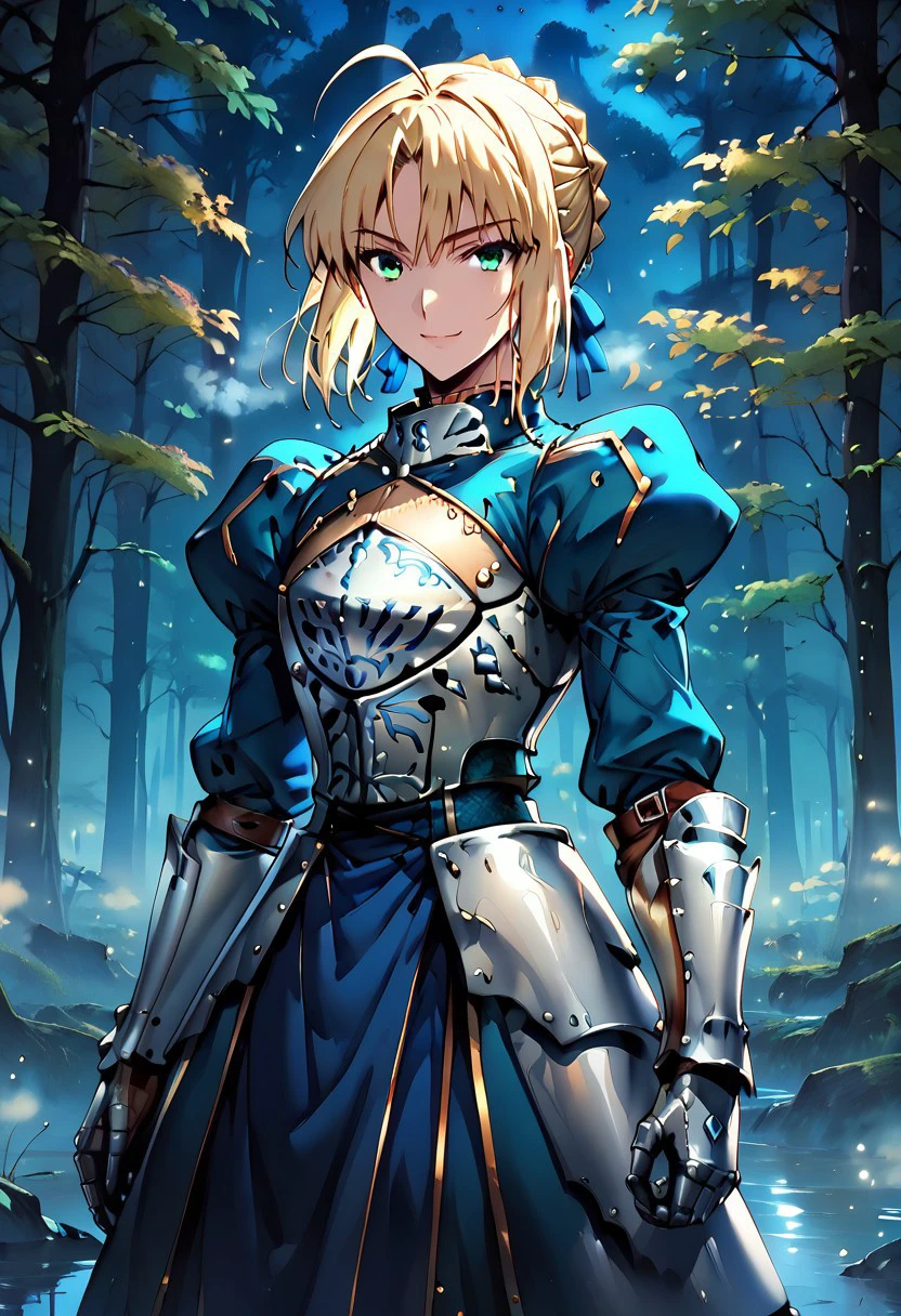 score_9, SaberFS, 
1girl, solo, light smile,
blonde hair, green eyes, short hair, french braid, ahoge,
SaberArmor, breastplate, blue dress, gauntlets, juliet sleeves, faulds,
standing, looking at viewer,
outdoors, night, blue theme, fog, forest