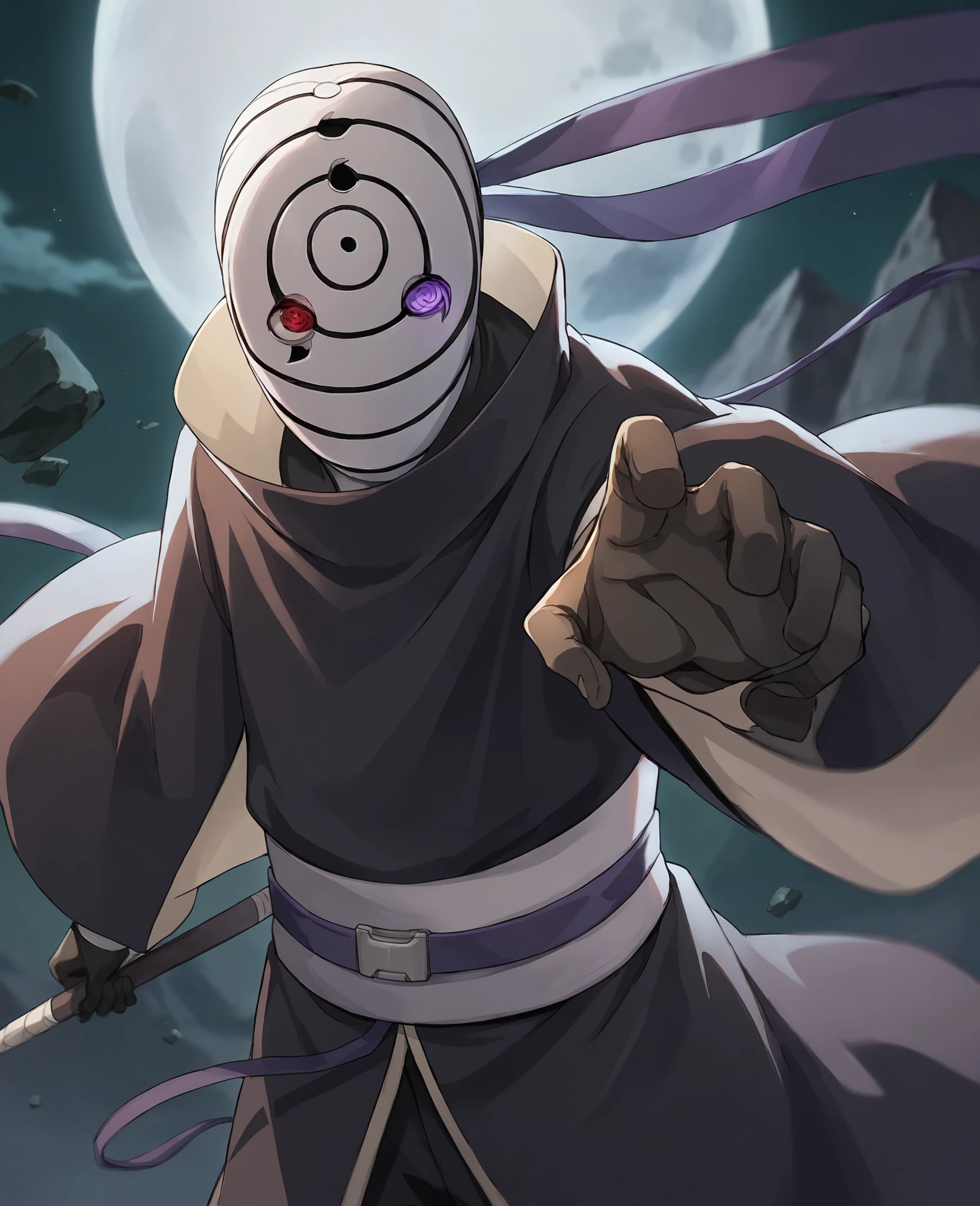 score_9,score_8_up,score_7_up,source_anime,rating_safe BREAK masterpiece,highres,best quality,high quality,dramatic angle,cinematic lighting,1boy,<lora:Obito_Pony_V2:1>,dim,night,moon,sharingan,glowing eyes,red eye,red eye,purple eye,white mask,Uchiha Obito \(White mask\),Uchiha Madara \(White mask\),black robe,black gloves,looking at viewer,sharingan,rinnegan,floating rocks,extremely detailed background,blurry background,mountains in distance,fan,fan \(weapon\),ribbon,portrait,close-up,holding,cowboy shot,holding weapon,heterochromia,white shirt,<lora:add-detail-xl:0.22>,<lora:flat_sdxl:-0.43>,extremely detailed eyes,sash,black pants,fighting stance,action pose,