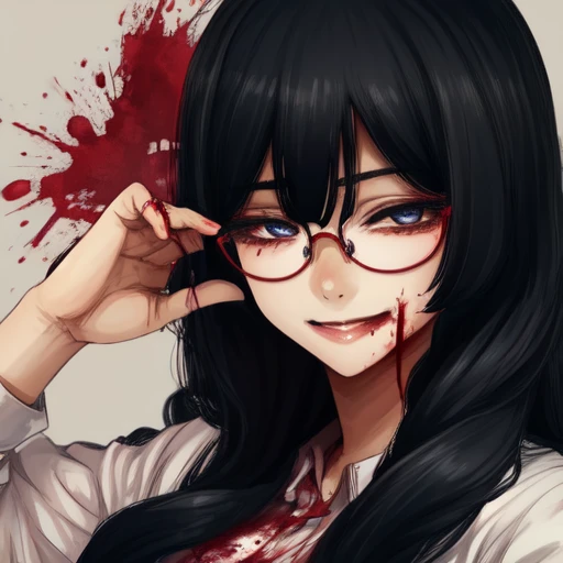 <lora:hoshi3-09:1> 1girl, black hair, blood, glasses, long hair, bags under eyes, solo, smile,