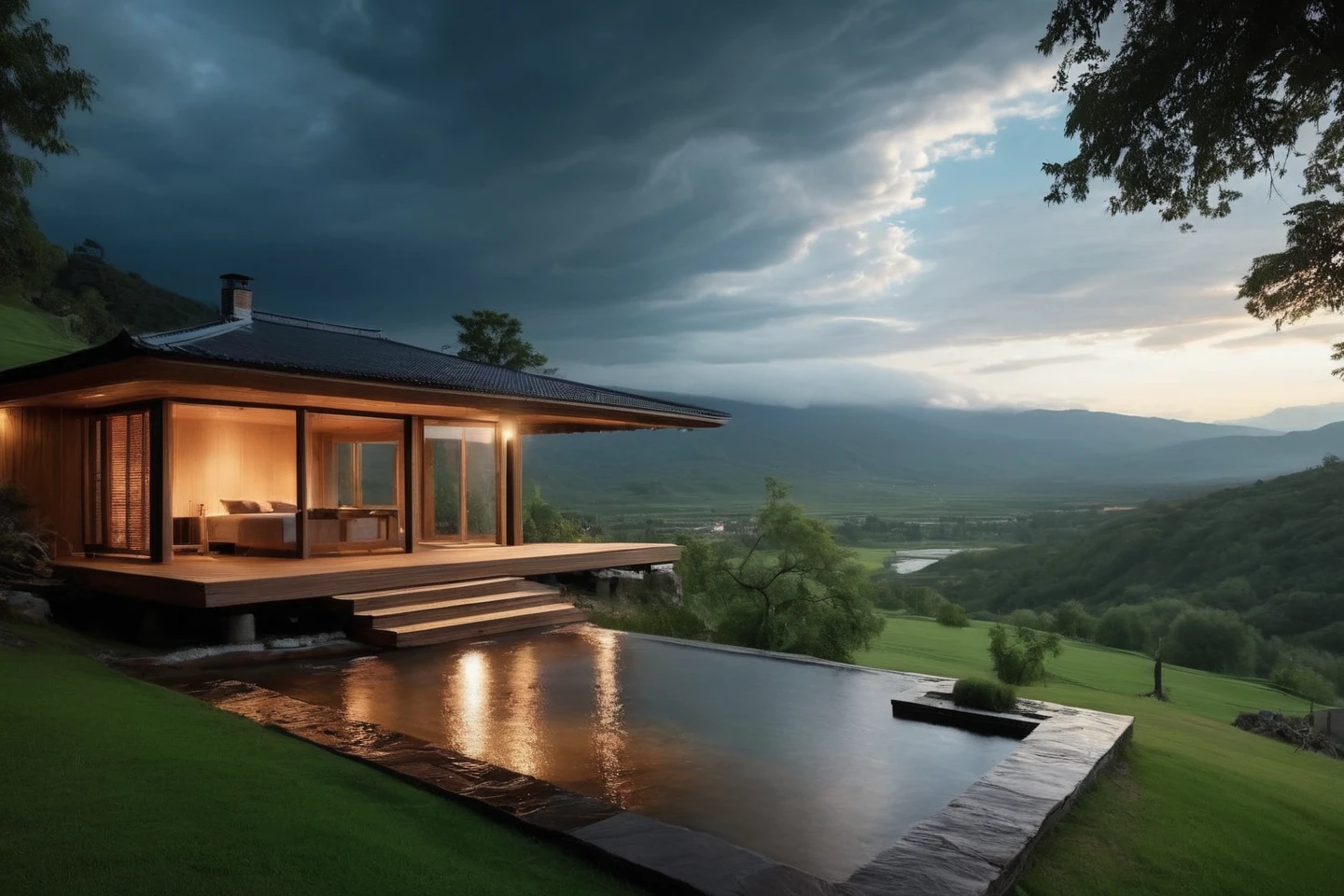 Unparalleled masterpiece, (photorealistic:1.4), best quality, beautiful lighting, (hot spring), (extremely detailed 8k wallpaper), full shot landscape photo of the most beautiful artwork in the world, cloudy sky background lush landscape house and trees illustration concept art