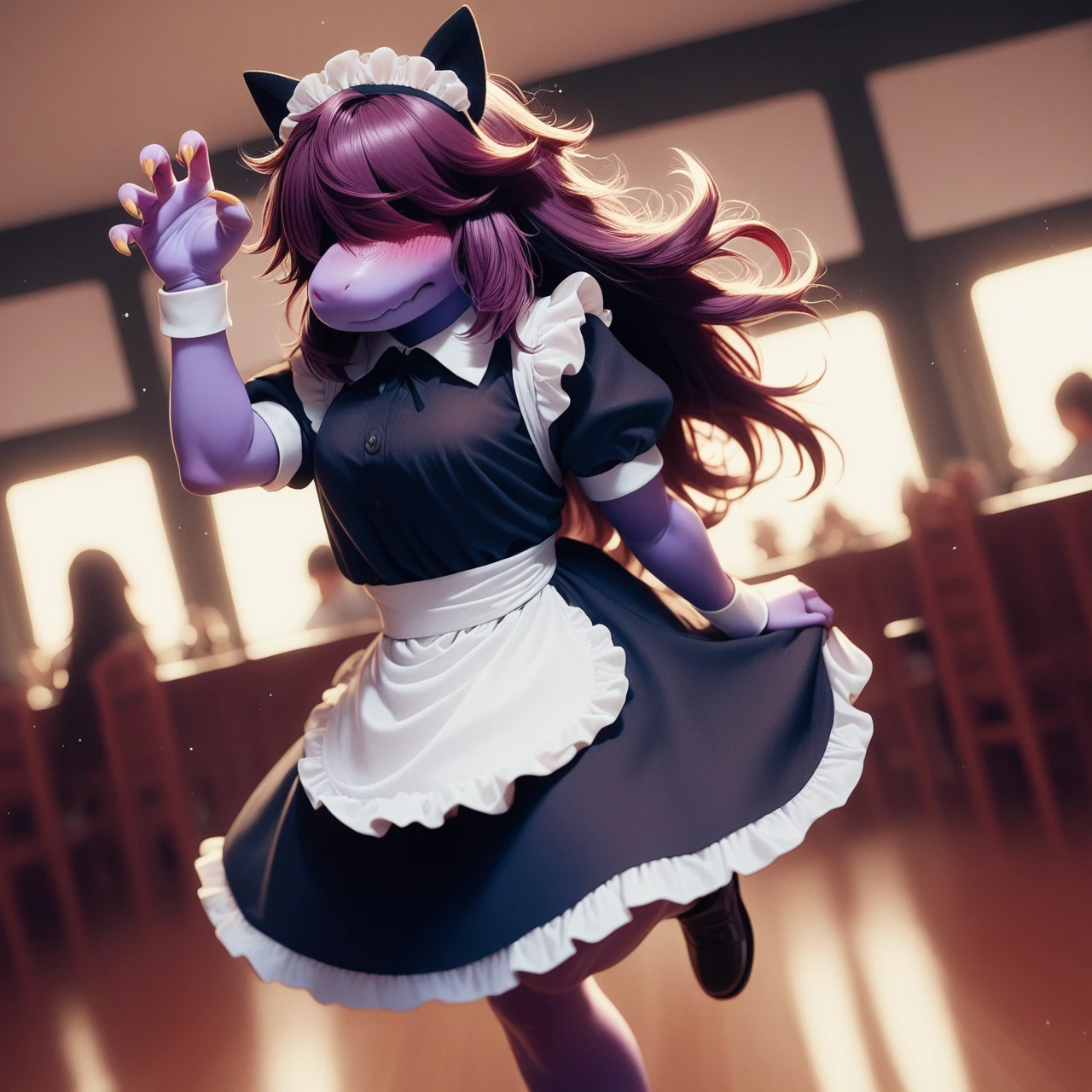 <lora:bing3d-v3b-e8:1>score_9, score_8_up, source_anime, 3d, by bing3d, susie \(deltarune\), maid costume, blush, long hair, messy hair, depth of field, eyes covered, scalie, purple body, purple hair, restaurant, bokeh, natural light, cinematic production render, detailed hair, backlighting, standing, claw pose, fake cat ears, embarrassed, solo, standing on one leg, dutch angle