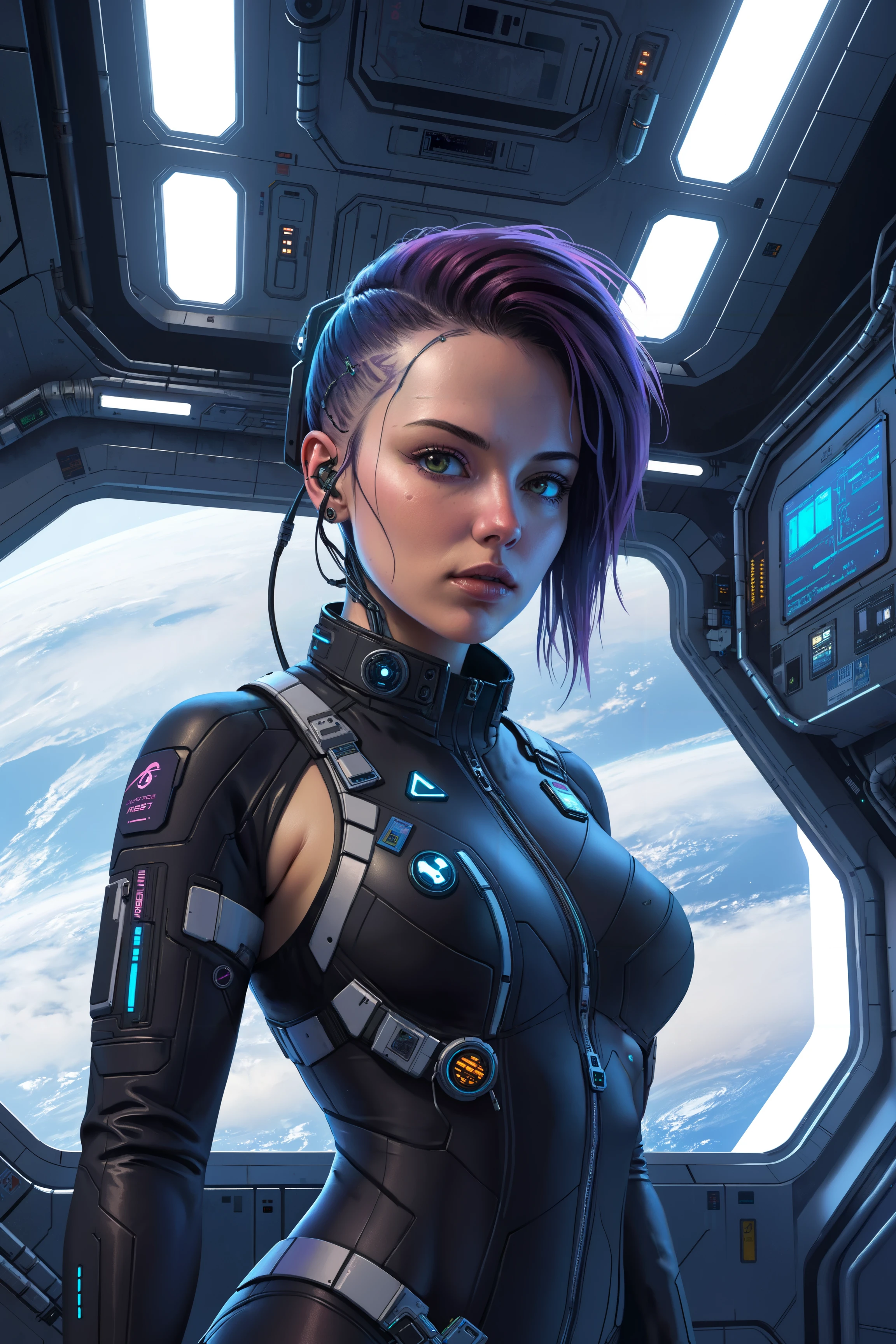 woman, cyberpunk, realistic, space station