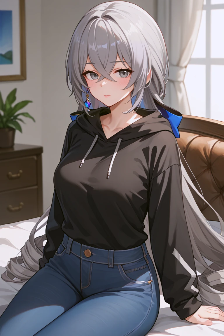 masterpiece,score_9,score_8,source_anime, BronyaBren, 1girl, solo, long hair, grey hair, bronya zaychik, grey eyes, drill hair, hair between eyes, twin drills, medium breasts, very long hair, blush, crossed bangs, mature female, tall female, sitting, black hoodie, blue jeans<lora:EMS-384508-EMS:0.500000>, <lora:EMS-432658-EMS:0.800000>