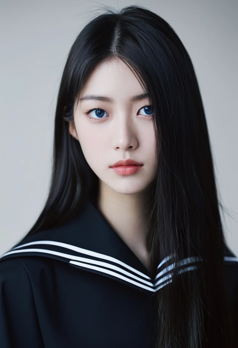 photorealistic, cinematic, dal, 1girl, solo, long hair, looking at viewer, blue eyes, shirt, black hair, school uniform, upper body, ahoge, serafuku, medium hair, sailor collar, grey background, hair over one eye, black shirt, glowing, portrait, glowing eyes, black sailor collar, spot color, one eye covered, covered mouth, straight-on, detailed background, film photography aesthetic, film grain, analog photography, asian, 