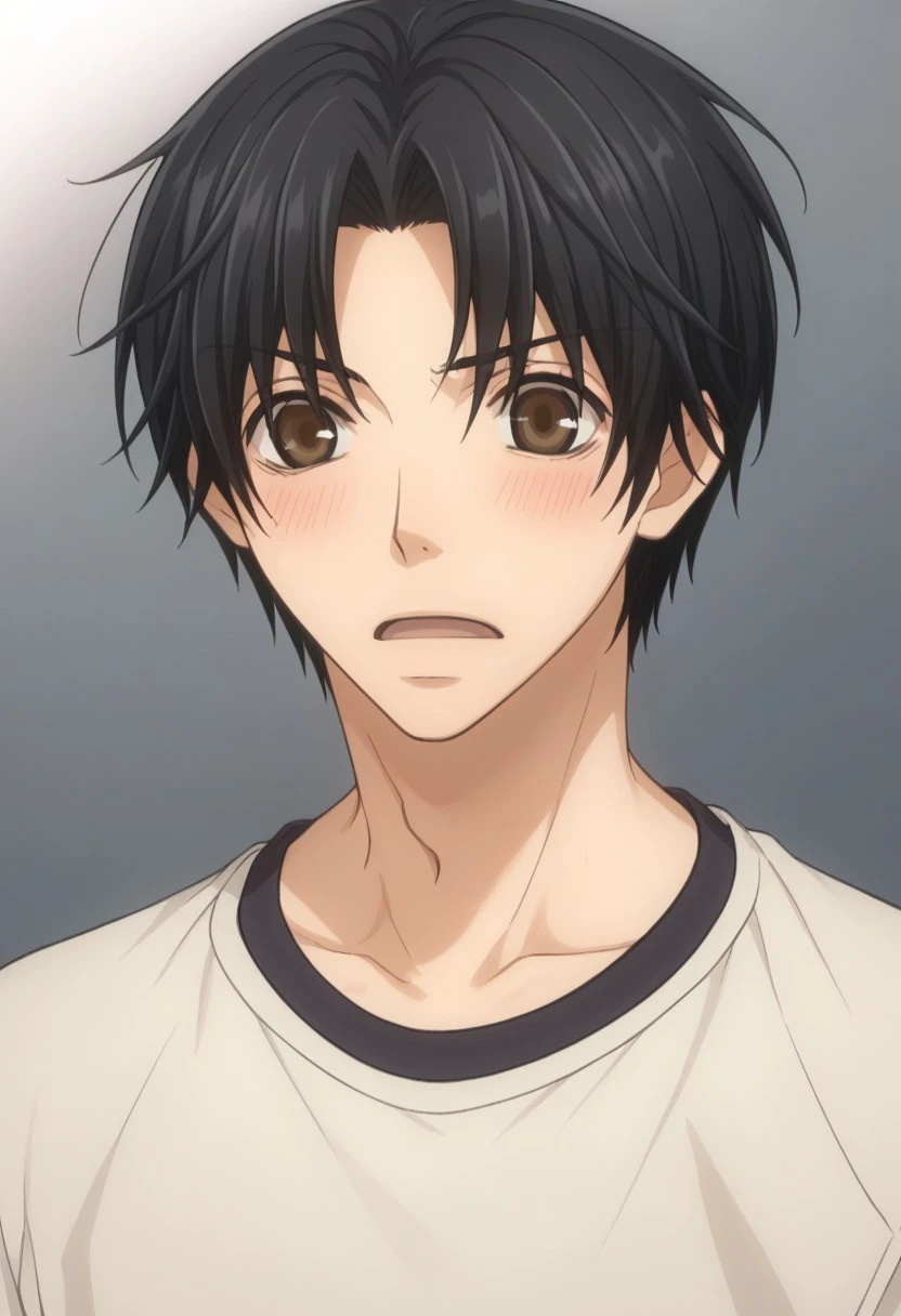 score_9, score_8_up, score_7_up, source_anime, highly detailed, 
kisa, black hair, 1boy, male focus, blush, brown eyes, open mouth, raglan sleeves,