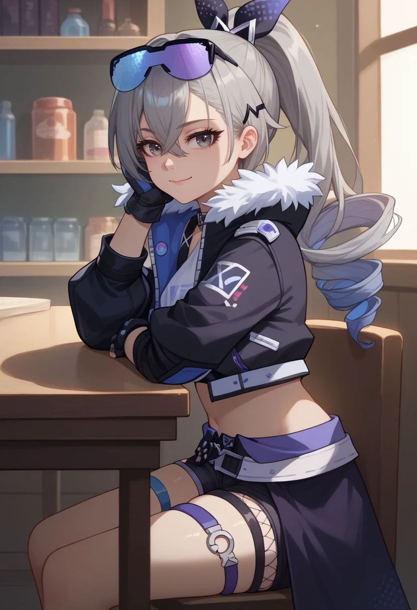 score_9, score_8_up, score_7_up, source_anime, 1girl, silverwolfdef, grey eyes, grey hair, long hair, ponytail, hair between eyes, drill hair, eyewear on head, hair ribbon, choker, crop top, fur trim, black jacket, cropped jacket, midriff, navel, black gloves, fingerless gloves, black shorts, short shorts, thigh strap, fishnet socks, sitting, on chair, table, head rest, elbow rest, smile, closed mouth, looking at viewer, indoors, portrait, close-up, upper body, facing viewer, <lora:Silverwolf_v1-000010:1>