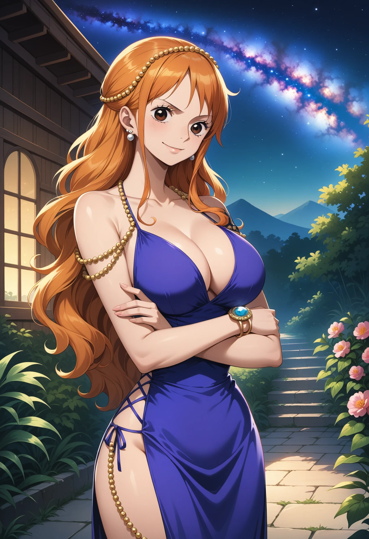 (masterpiece, best quality, very aesthetic, ultra detailed), intricate details, 4k, aanami, long hair, orange hair, hair ornament, earrings, brown eyes, breasts, collarbone, bare shoulders, jewelry, beads, cleavage, evening gown, blue dress, sleeveless, bracelet, side slit, <lora:nami_animagine_v1:0.9>, smile, night, garden, crossed arms, standing, cowboy shot, milky way,