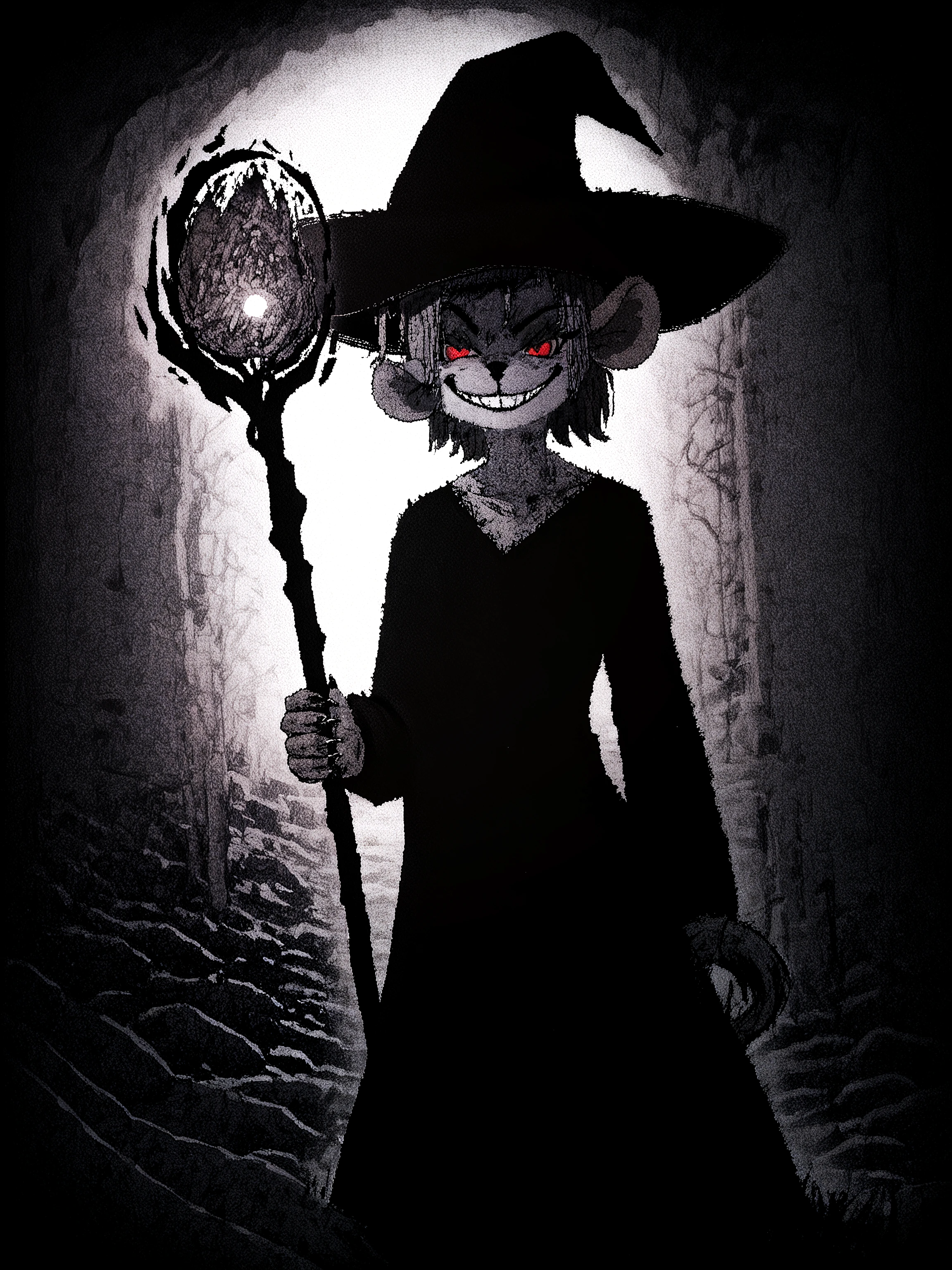 (fluffy:0.8), feral, furry, (mouse:1.25), female, claws, (fluffy cheeks:0.7), black dress, grey fur, red eyes, solo, dramatic angle, night, dark, swamp, witch hat, (holding magic staff:1.2), evil face, cruel face, evil, mage, witch, casting a spell, monochrome, greyscale, evil grin, looking at viewer