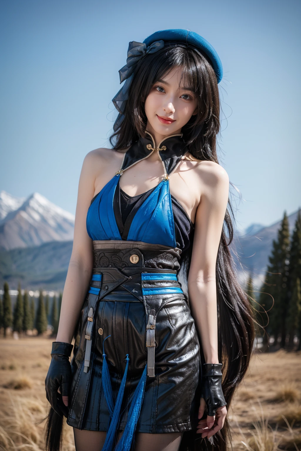 realistic,photorealistic,cowboy shot,1girl,solo,smile,looking at viewer,standing,yangyang cosplay costume,yangyang,cosplay,black hair,long hair,multicolored hair,white hair,dress,hat,bare shoulders,detached collar,single glove,arm strap,gloves,pantyhose,black pantyhose,water,field,mountain,nature,nature view,detailed background,<lora:WutheringWaves_Yangyang_cosplay_costume_v1:0.7>,<lora:Background_Detail_v3:1>,<lora:background & distence control:-1>,