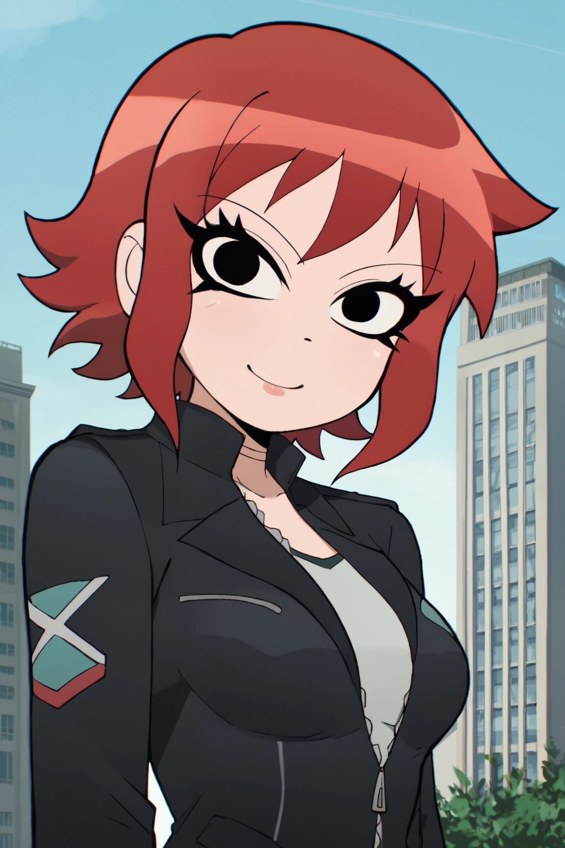score_9, score_8_up, score_7_up, source_anime, aesthetic, intricate details, solo, 1girl BREAK
<lora:Scott_Pilgrim_Takes_Off_style:1> scott_pilgrim_style, short hair, looking at viewer, upper body, black jacket, day, building, looking at viewer, red hair, light smile, breasts