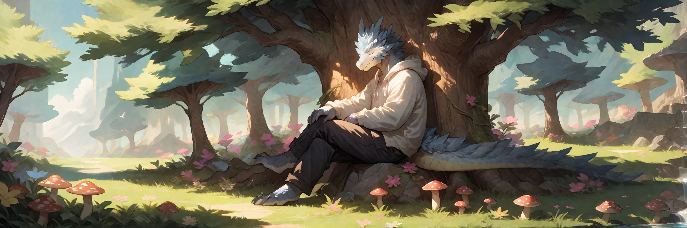 zPDXL,kemono,photoshop background,realistic,detail background,
character design,side view,sitting,hand on knee,back on tree,hoodie,crossed legs,
(anthro:1.1),male,dragon,solo,<lora:Velkhana-NORMAL-XL-rax-v2>,velkhana,white scales,hands in poket,full body,climbing,smile,closed eyes,
sunlight,ray tracing,<lora:add-detail-xl:0.8>,(spring:1.2),flowers,grass,tree,mushroom,in shadow,vines,bird,