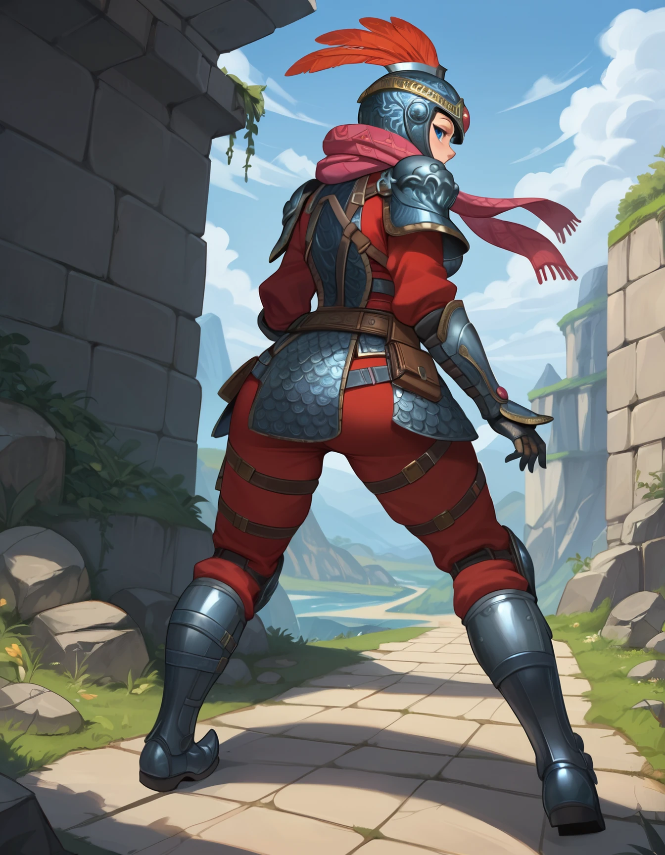 (embedding:Pony\Pony_PDXL_Negative_Embeddings\zPDXL2),1girl,3mpr3ss,armor,belt,gloves,armored boots,shoulder armor,helmet,gauntlets,pouch,red scarf,pauldrons,knee pads,red pants,chainmail,breastplate,full armor,blue eyes,looking at viewer,feathers,greaves,science fiction,ass,from behindt                                               <lora:MyTrainings\Temp\Wattson_The_Warrior_Empress_XL_Pony.safetensors:0.6>