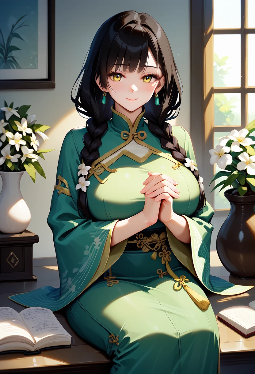 masterpiece, top quality, super detailed, high resolution, (realistic, photorealistic:1.37), excellent anatomy, beautiful 1 woman, ((((wearing a green Chinese dress))))), elegant and graceful, decorated with beautiful embroidery and floral patterns. traditional elements and oriental charm create a classic and luxurious atmosphere, (the Cheongsam has exquisite details), enhances visually stunning effects through the play of light and shadow. the artwork is rendered in high quality, showcasing the beauty of traditional Chinese costumes, (beautiful golden brown color hairstyle), (detailed facial features), (detailed and beautiful eyes), troubled expression, smile, (((wearing black pantyhose))), (((medium breasts))), ((sit on a chair)), (plump body), best light, best shadow, mysterious, perfect face, highly detailed,