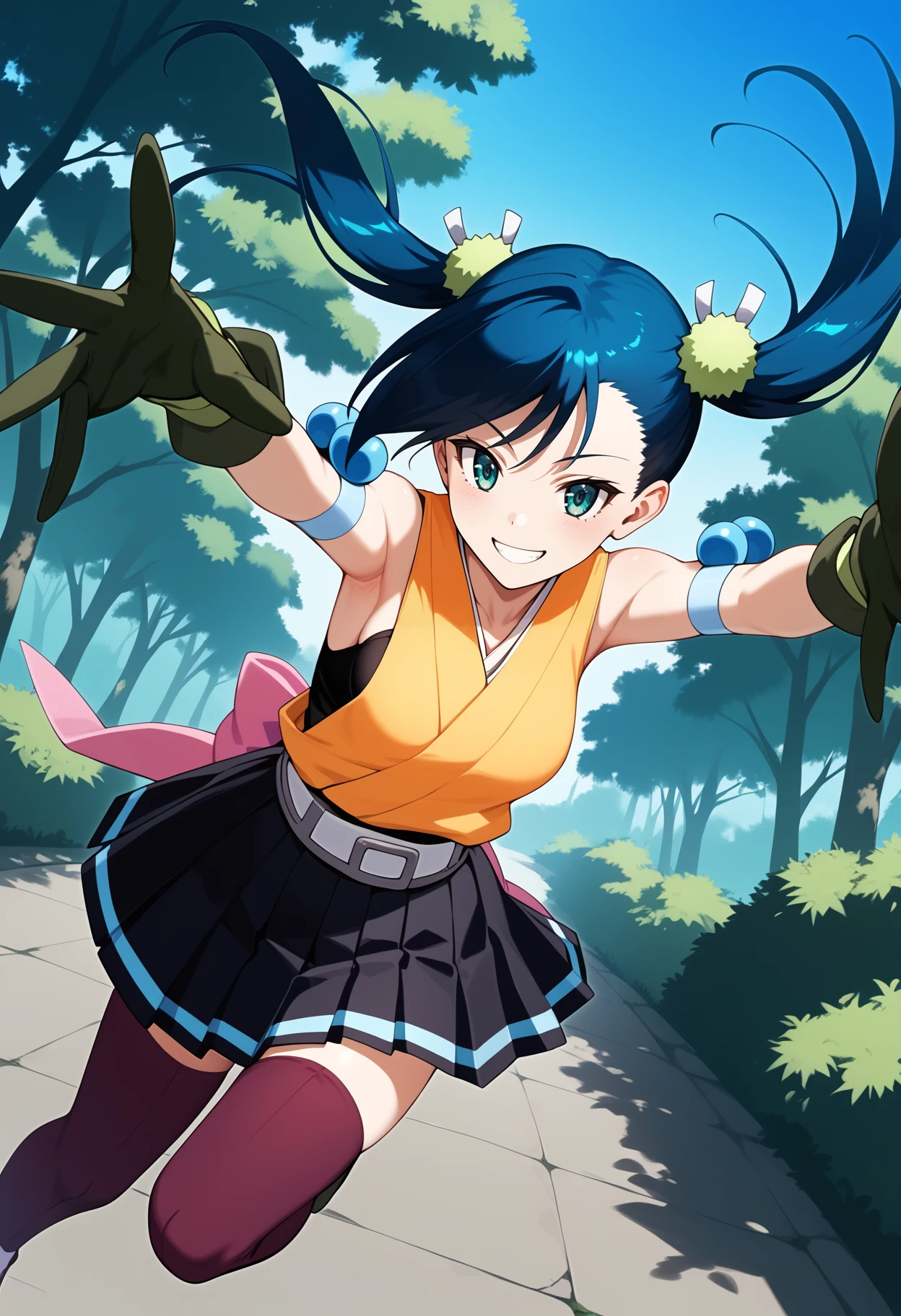 score_9, score_8_up, score_7_up, score_6_up, score_5_up, score_4_up, source_anime, aahibachi, long hair, blue hair, twintails, hair ornament, aqua eyes, breasts, japanese clothes, yellow shirt, sleeveless, armband, green gloves, belt, pink bow, pleated skirt, black skirt, purple thighhighs, <lora:hibachi_ponyxl_v1:0.9>, smile, reaching, outdoors