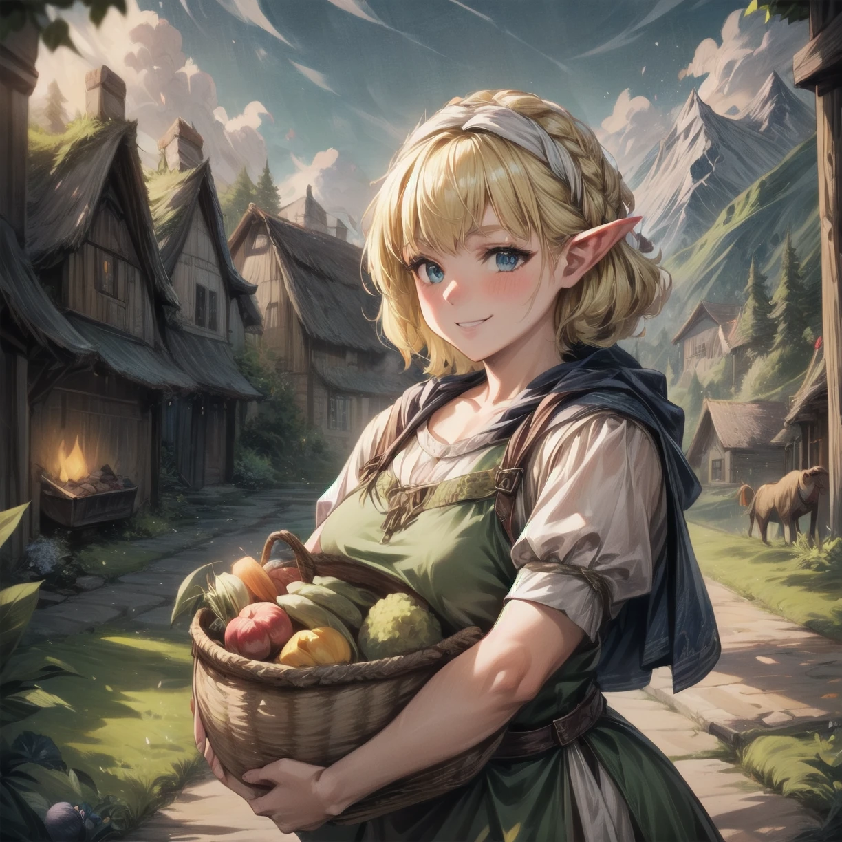 1girl, smile, blonde hair, outdoors, farm, basket, vegetables, <lora:Halflings! 1.5:0.8>, halflings, hobbit, very detailed, <lora:more_details:0.6>, high quality, highres, masterpiece, best quality, 8k, intricate, detailed, <lora:add_detail:0.6>