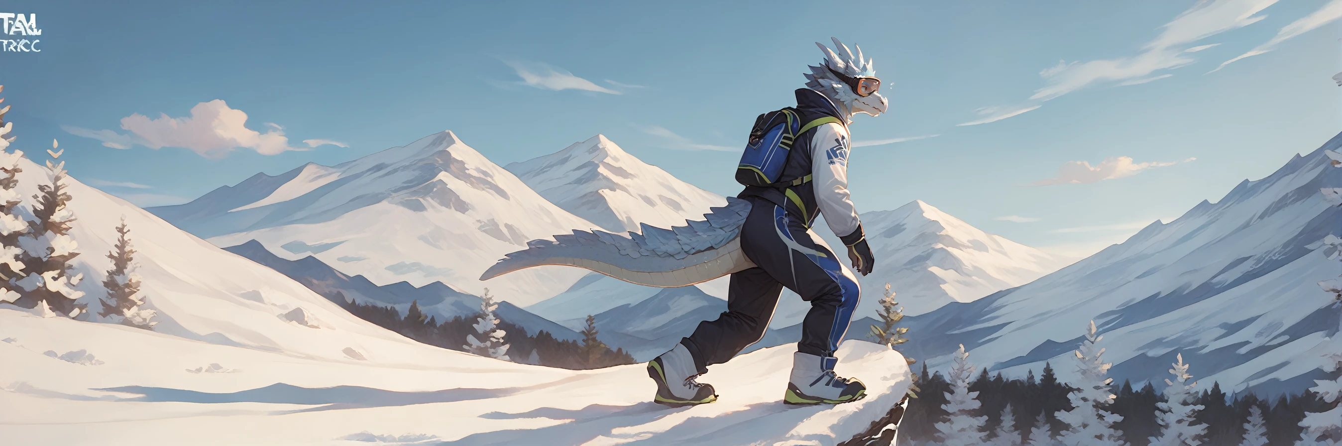 zPDXL,kemono,photoshop background,realistic,detail background,
character design,side view,ski goggles,ski gear,ski suit,(standing:1.2),
anthro,male,dragon,solo,<lora:Velkhana-NORMAL-XL-rax-v2>,velkhana,white scales,hands in poket,full body,climbing,
sunlight,ray tracing,<lora:add-detail-xl:0.8>,sheryama,snowing,(on mountaintop:1.3),