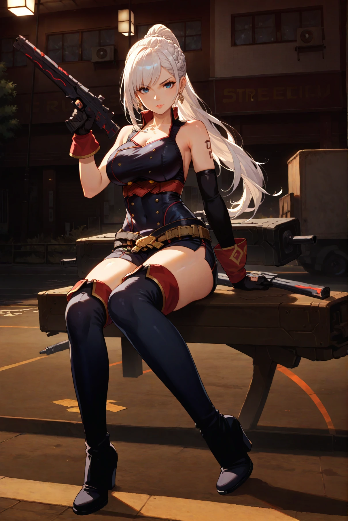 score_9, score_8_up, score_7_up, Sitting with one hand on the waist, <lora:LeiRei_Onee_Chanbara_Origin:0.8> 1girl, solo, white hair, braid, ponytail, long hair, earrings, big breasts, tattoo, gloves, thighhighs, boots, weapon, gun, looking at viewer, street