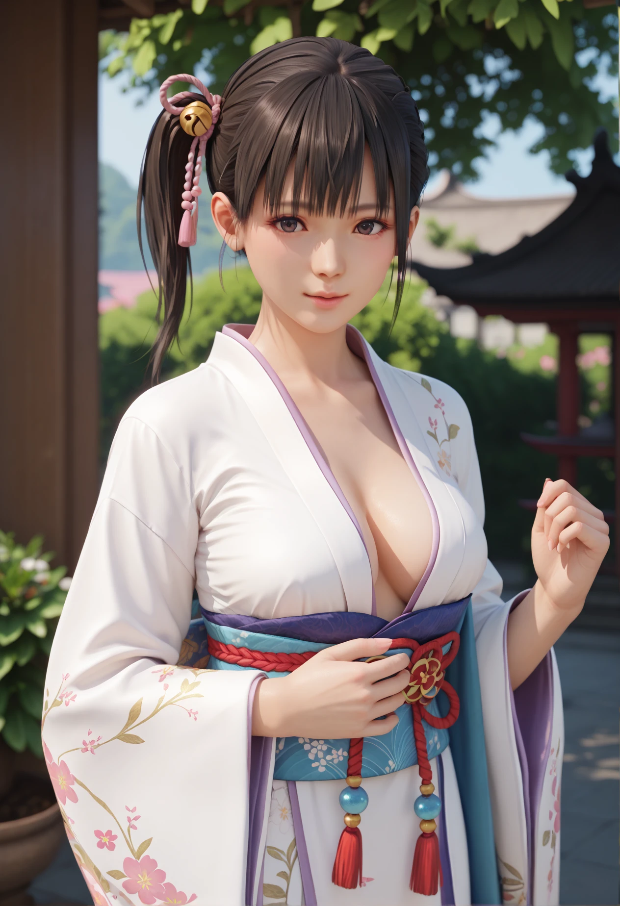 1girl, koharu_(doa), side_ponytail, large_breasts, cowboy_shot, kimono, 
score_9, score_8_up, score_7_up, 8k, masterpiece, best quality, perfect anatomy, very aesthetic, absurdres, intricate detailed, 