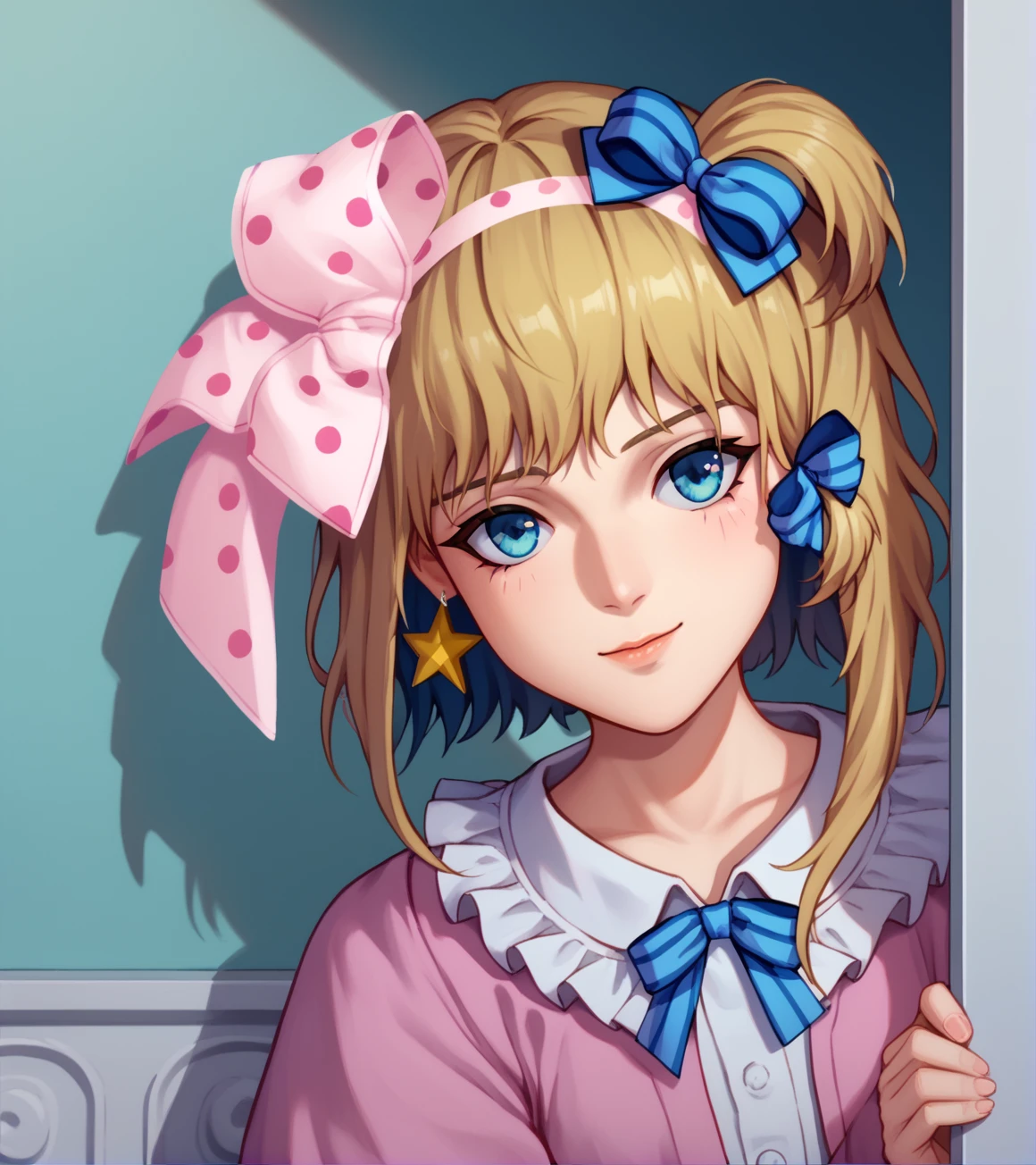 score_9, score_8_up, score_7_up,
<lora:Robot_Carnival_Presence:1>
Presence, blonde hair, pink dress with frilled collar, upper body, (pink polka dot bow), star earring, blue hair ribbons,
peeking out, upper body, <lora:PeekingOut_pdxl_Incrs_v1:1>,