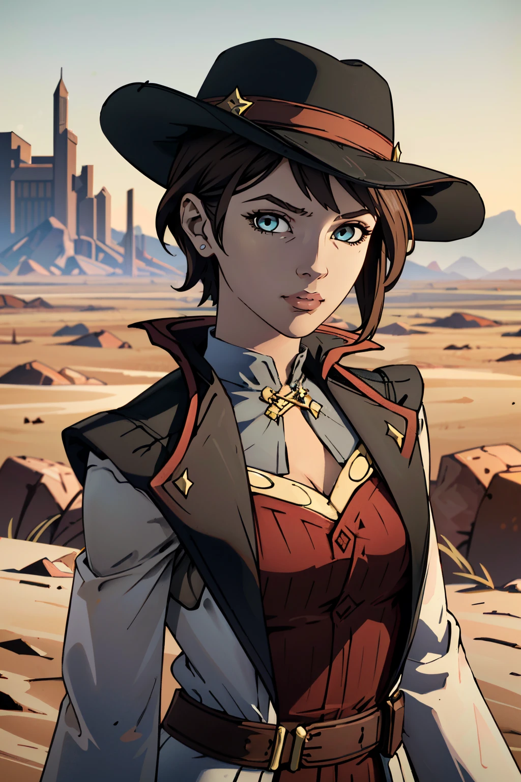 ((ultra detailed, masterpiece, absurdres))
 <lora:BFiona:0.8>
BFiona, 1girl, short hair, brown hair, hat, looking at viewer, desert, noon, intense and shimmering sunlight