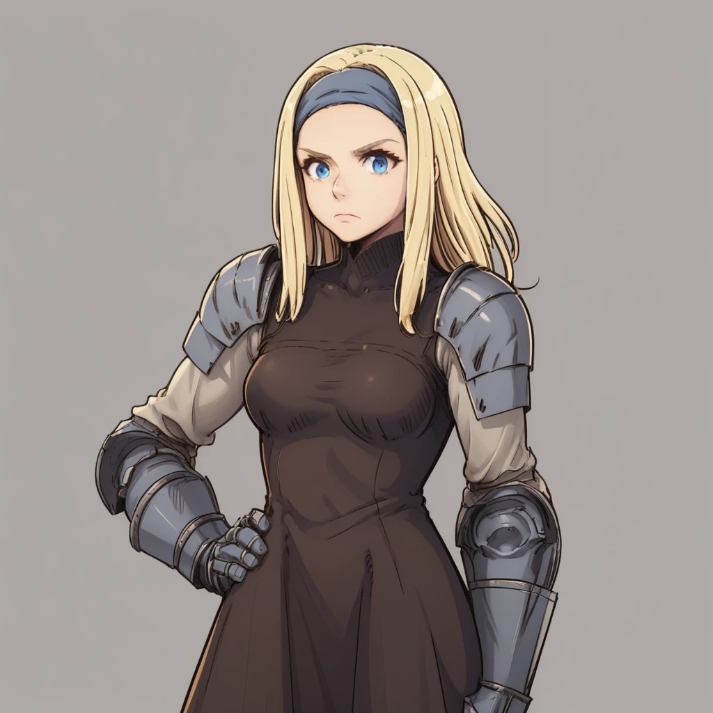 gauntlets, blue eyes, breasts, closed mouth, blonde hair, dress, hand on hip, squire, solo, armor, simple background, fft