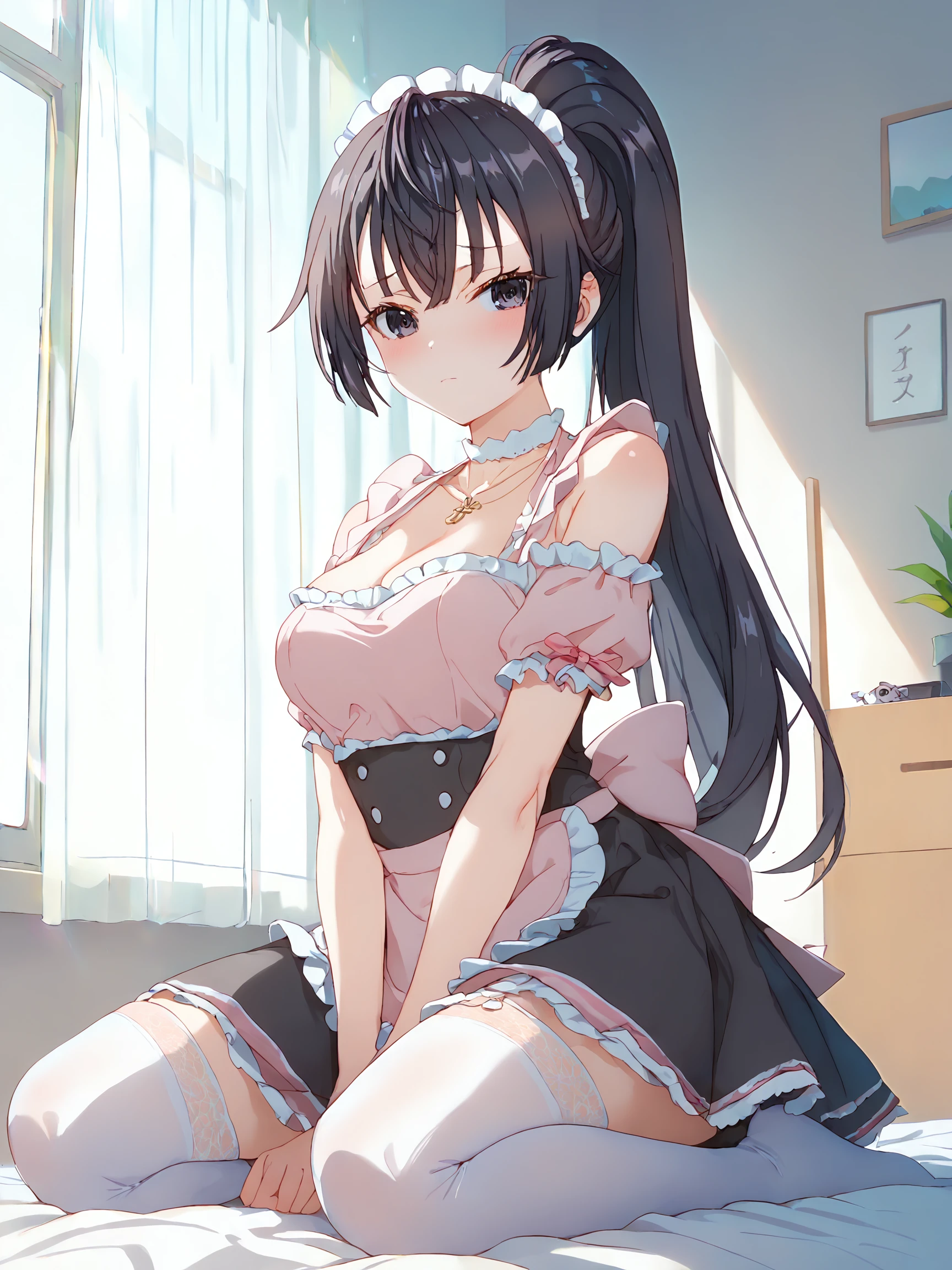 score_9, score_8_up, score_7_up,
kneeling, shy face, eyes level,
best quality, masterpiece, cozy room,
professional photo, high key light, hard shadow, soft bokeh,
suouyuki_imoto, black eyes, black hair, long hair, ponytail,
(lovelybear_maid_outfit), looking at viewer, minimal diamonds jewelry with a necklace,
<lora:hinaAlyaMashaYuki_wifu_rev2:1.5>
<lora:hinaMaidOutfitLovelybear_rev2:1>