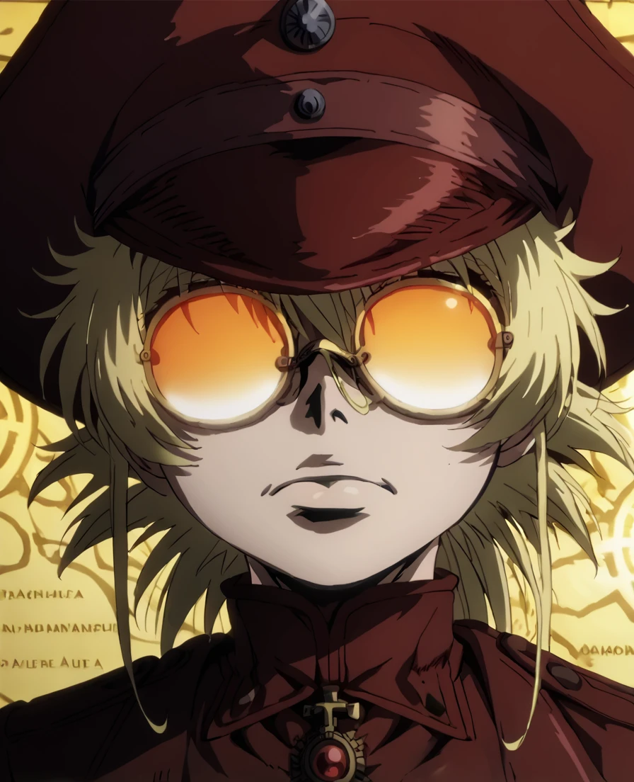 score_9, score_8_up, score_7_up, score_6_up, score_5_up, score_4_up, source_anime, BREAK
hellsing_ultimate_style,, <lora:hellsing_ultimate_style-pony.10:0.8>,
solo,1girl,portrait,red fedora,yellow circle glasses,reflection glasses,
 <lora:TanyaPonyV2:0.8> TanyaDegurechaff,