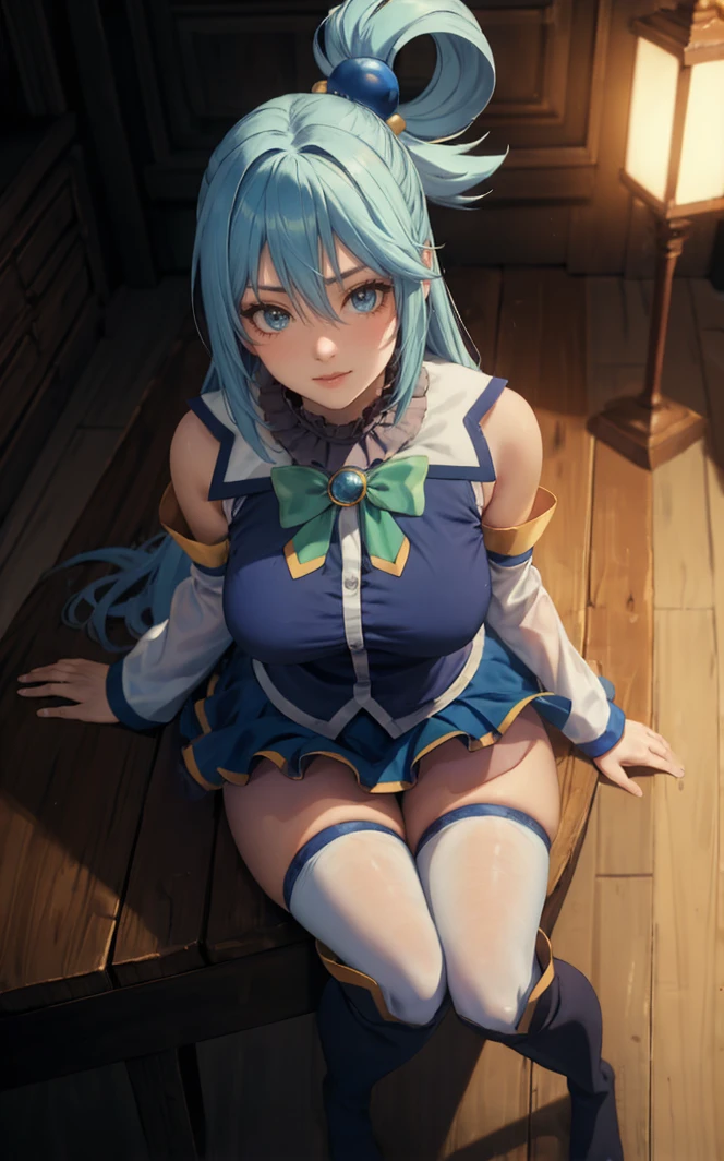 outdoors, lens flare, depth of field, bokeh, vanishing point, solo, looking at viewer, BREAK ((masterpiece, best quality)), 
BlueDress_Aqua_ownwaifu, 
1girl, aqua (konosuba), hair rings, hair ornament, blue hair, long hair, blue eyes, single hair ring, bangs, large breasts, hair between eyes, ponytail, shiny hair,
detached sleeves, bare shoulders, blue skirt, green bow, blue shirt, blue thighhighs, white thighhighs, miniskirt, green bowtie, thighhighs under boots, white sleeves, long sleeves, sleeveless shirt,
(sitting, from above)<lora:ANIME_KonoSuba_Aqua_ownwaifu:0.9>,
 insaneres, absurdres,