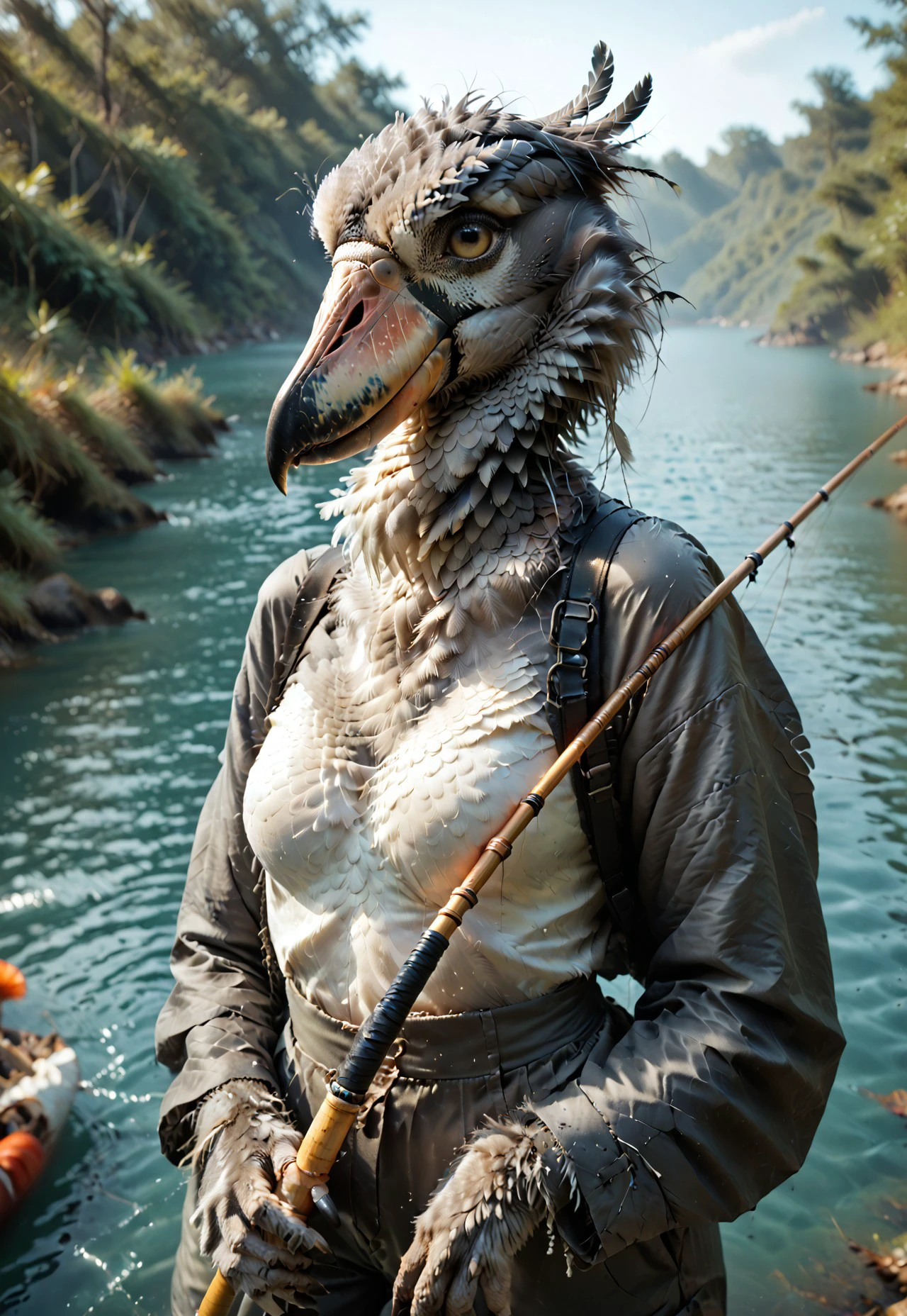 embedding:urn:air:sd1:embedding:civitai:222256@250708, score_9, score_8_up, score_7_up, score_6_up, photorealistic, realism, female, ((((anthro)))), shoebill, 1girl, furry, feathers, breasts, fishing outfit, fishing pole, score_9, score_8_up, score_7_up, score_6_up, BREAK 1girl, anthro, female, posing, wings