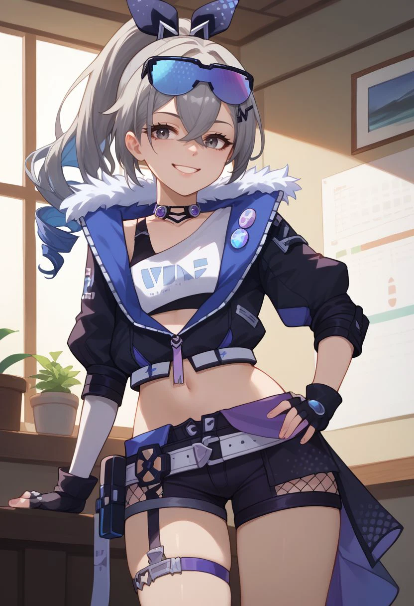 score_9, score_8_up, score_7_up, source_anime, 1girl, silverwolfdef, grey eyes, grey hair, long hair, ponytail, hair between eyes, drill hair, eyewear on head, hair ribbon, choker, crop top, fur trim, black jacket, cropped jacket, midriff, navel, black gloves, fingerless gloves, black shorts, short shorts, thigh strap, fishnet socks, standing, smile, looking at viewer, indoors, portrait, close-up, facing viewer, hand on hip, <lora:Silverwolf_v1-000010:1>