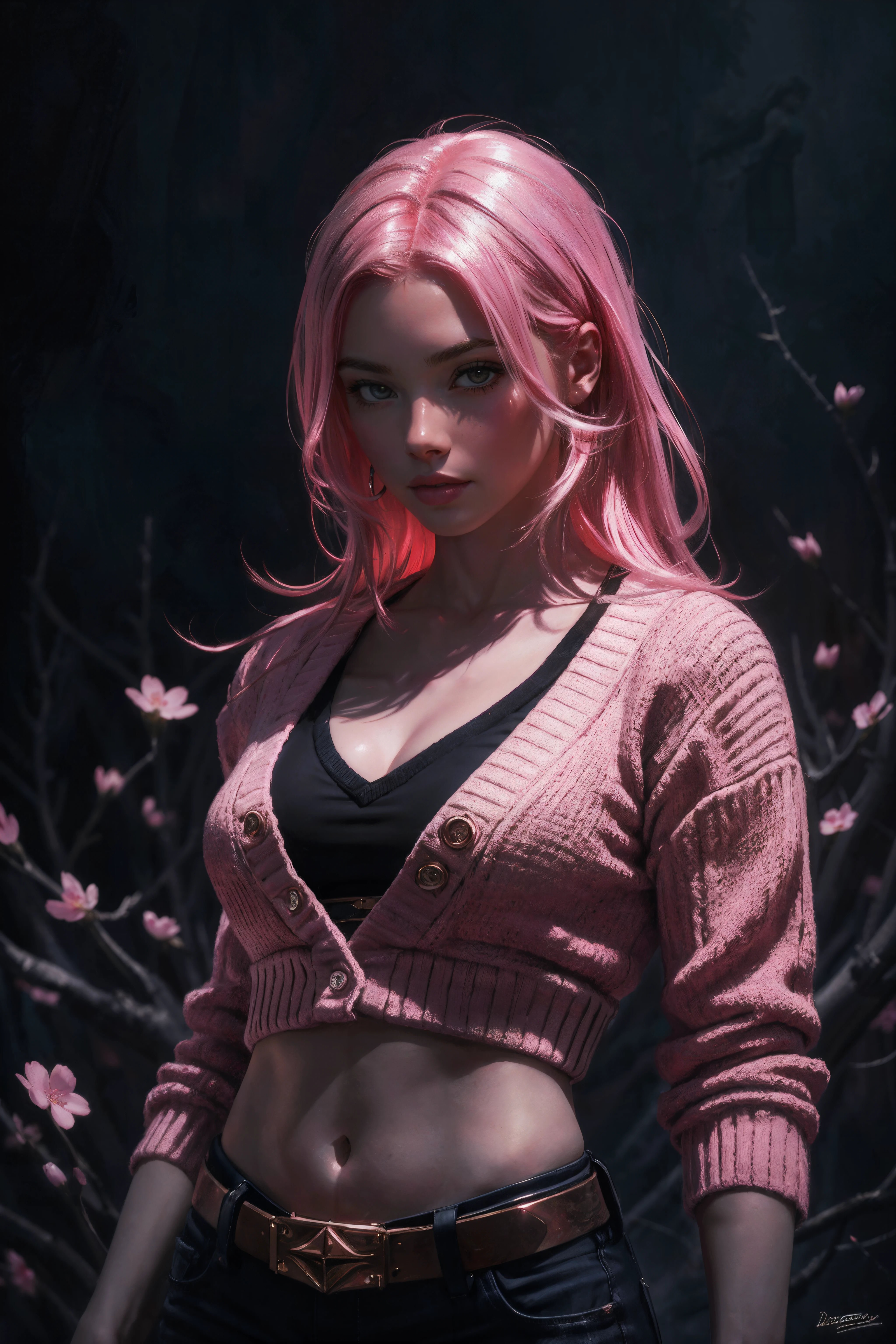 digital art, Noble busty Girl, wearing Exotic cherry blossom pink Cropped cardigan, Sharp and in focus, stylized by Bastien Lecouffe-Deharme, Comic book style, storytelling, strength, moody, highly contrasted, fine artistic composition, polished, beautiful, full color, striking, great composition