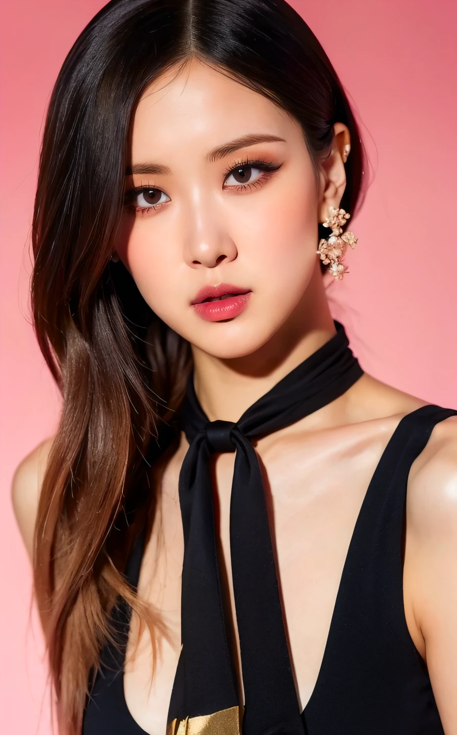 <lora:RosÃ©_Beta:1> R0sâ¬,, , (realistic), (hyperrealism), (photorealistic:1.4), 1girl, black hair, dress, hair ornament, lips, looking at viewer, makeup, pink background, realistic, ribbon, sleeveless, solo, standing, white dress