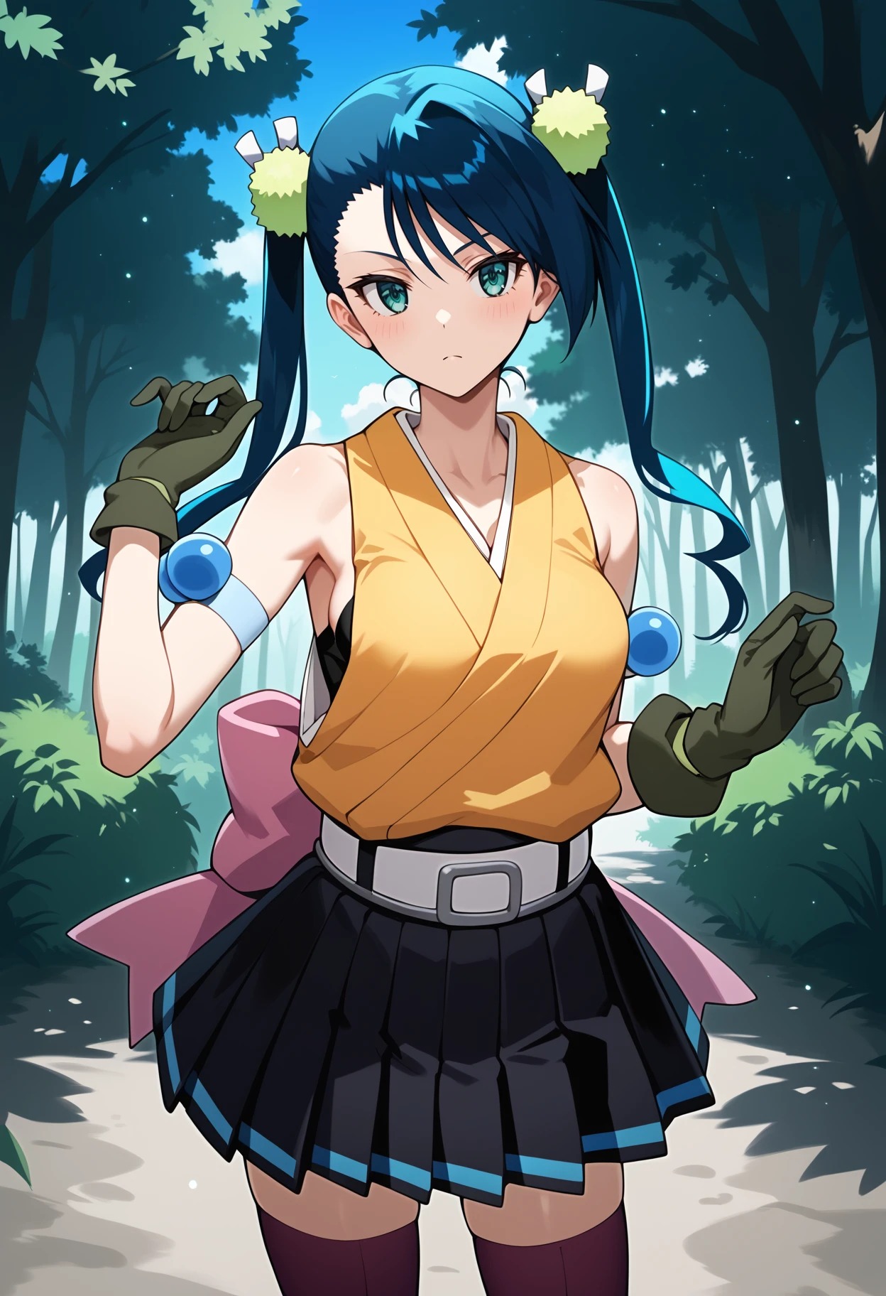 score_9, score_8_up, score_7_up, score_6_up, score_5_up, score_4_up, source_anime, aahibachi, long hair, blue hair, twintails, hair ornament, aqua eyes, breasts, japanese clothes, yellow shirt, sleeveless, armband, green gloves, belt, pink bow, pleated skirt, black skirt, purple thighhighs, <lora:hibachi_ponyxl_v1:0.9>, standing, cowboy shot, outdoors