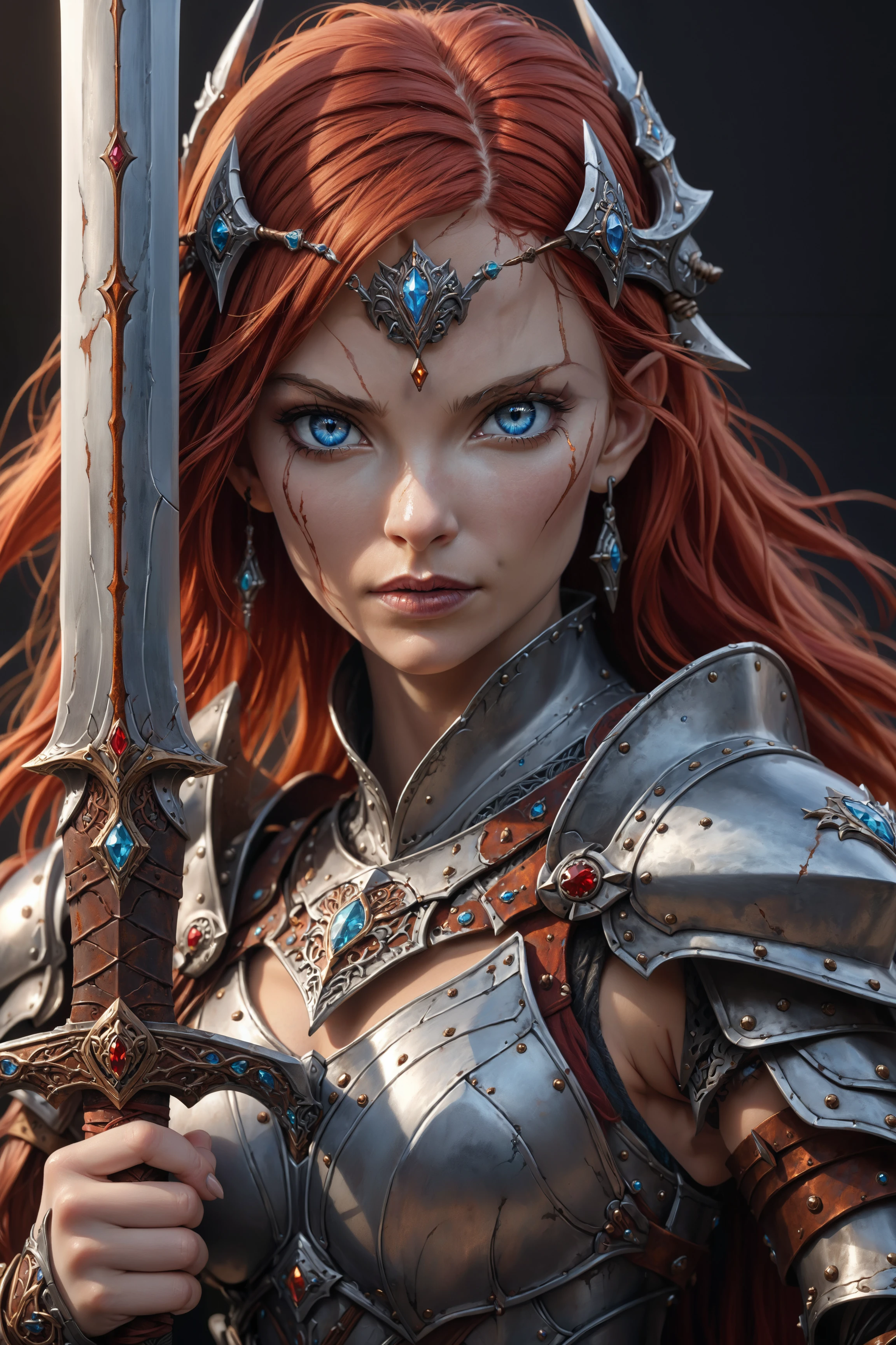 Fantasy warrior woman with red hair, blue eyes, holding a big sword, adorned with ((rusted)) gold and cyan gems, wearing armor rusted (silver) matte metal, close view, realistic, simple cyan dark background, cinematic dark lighting, 
detailed skin, <lora:Mecha_Ggorgeous_Armor:0.3>