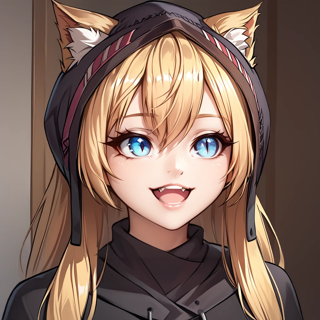 <lora:IDW (4):1>,1girl,solo,idw \(girls' frontline\),idw \(cloak and cat ears\),blonde hair,hair between eyes,long hair,cat ears,animal ear fluff,hood,ears through headwear,blue eyes,slit pupils,fangs,black undershirt,black cloak,fur vest,indoors,classroom,<lora:The_shining_meme:1>,theshining,open mouth,smile,teeth,looking away,close-up,meme,, score_9, score_8_up, score_7_up, perfect anatomy, source_anime, zPDXL2,