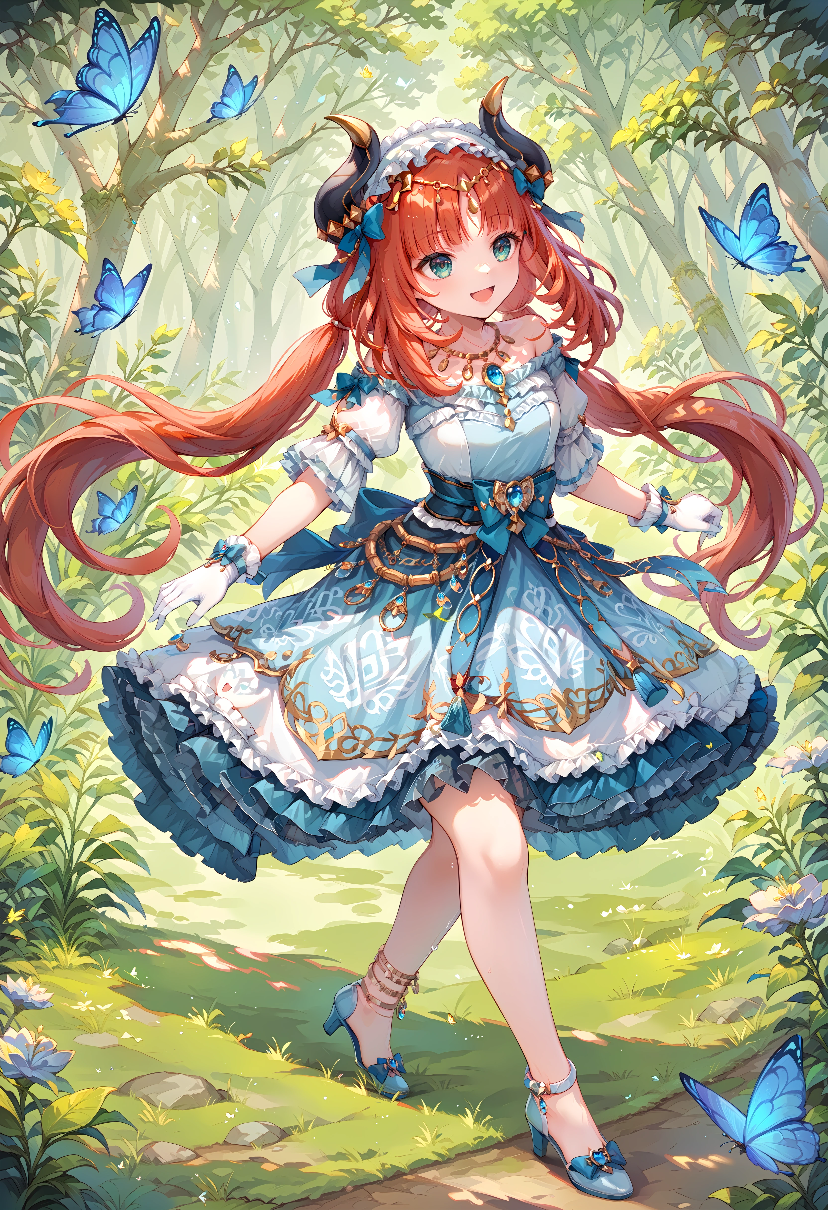 (score_9, score_8_up, score_7_up), 1girl, nilou \(gigo\), horns, frilled hairband, necklace, off shoulder, white gloves, anklet, blue heels, smile, open mouth, running, forest, butterfly,  <lora:nilou-giPO-v1ar-000007:0.9>