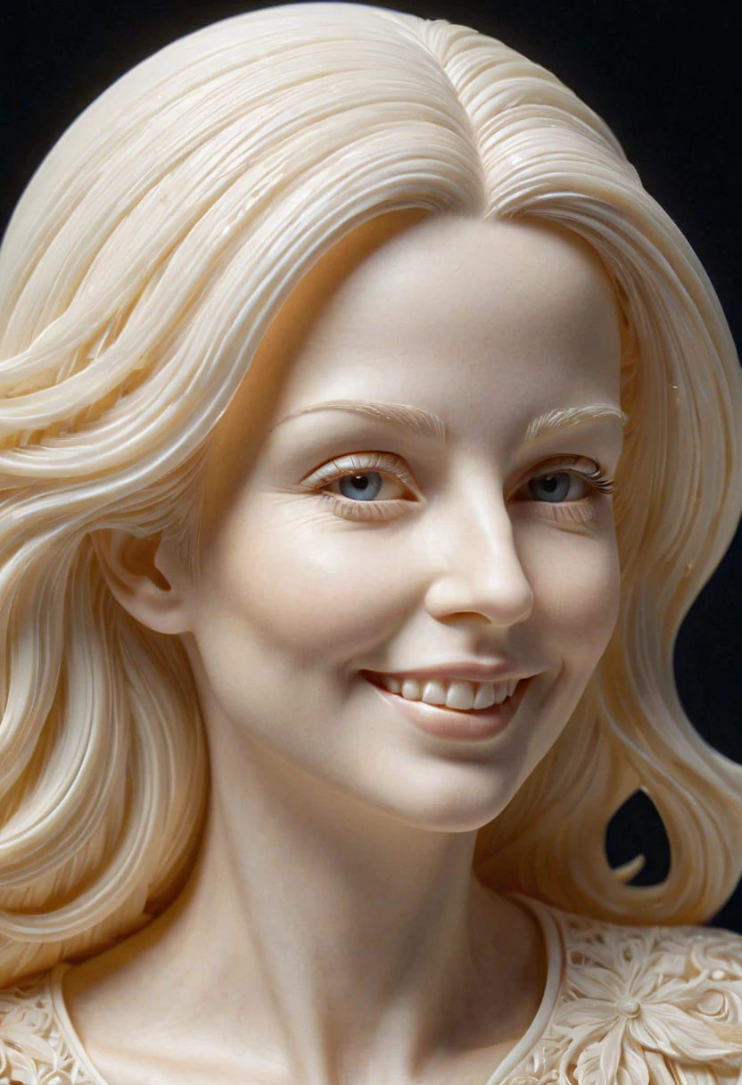 ivory_carving_style, beautiful picture of an 40yo Lady portrait with a sly smile, closeup, made out of delicate and fragile fine original ivory material, whole body, masterpiece, flawless, elegant, vibrant details, (expansive view:1.4), (clear outlines:1.4), (ultra detailed:1.4), 64K, (high contrast:1.4), award winning, stunning, beautiful composition, clean sharp focus, SFW, realistic