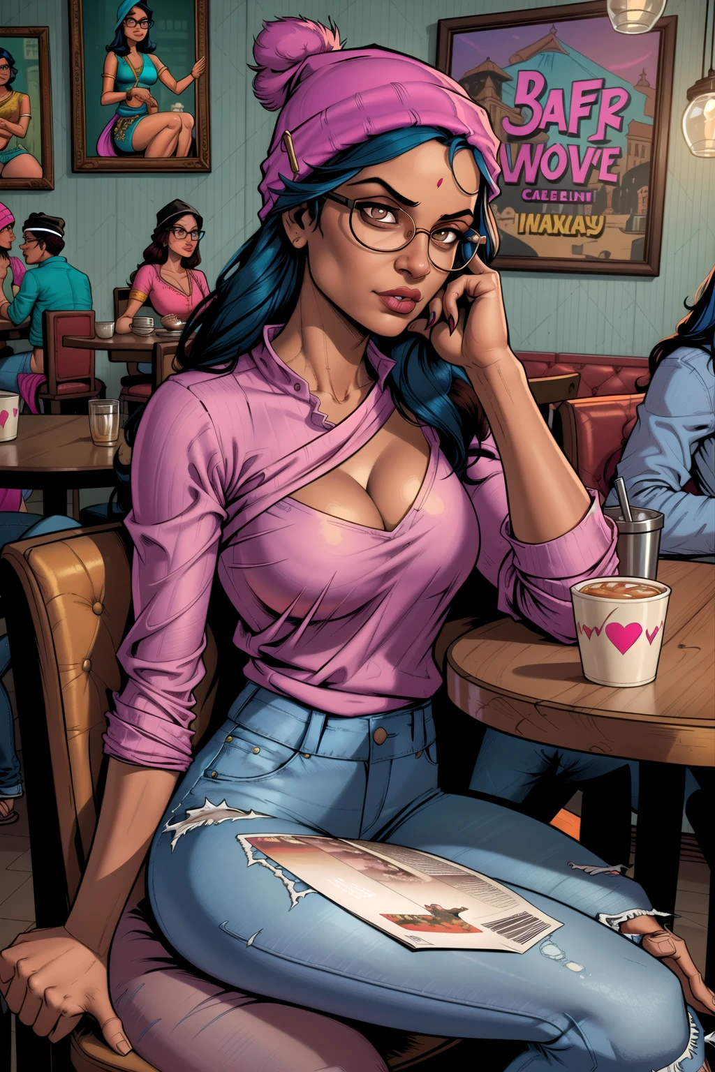 professional comic book style, flat colors, masterpiece, high quality, an indian woman, blue hair, wearing a beanie and glasses, wearing a loose pink sleeved blouse and sexy ripped jeans, [deep cleavage, :0.5]casual look, bright brown eyes, sitting at a table in a crowded cafe in mumbai, homely and warm, restaurant scene, moody atmosphere