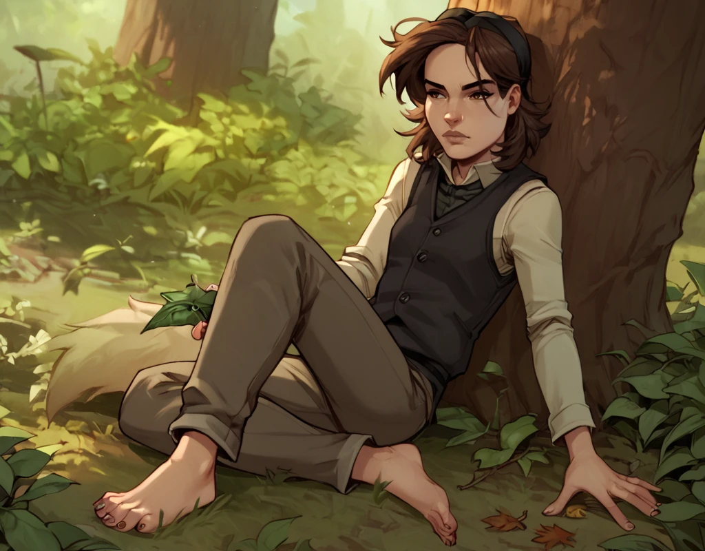 score_9, score_8_up, score_7_up, score_6_up, Arya-Stark, GoT-GraphicNovel, 1girl, tomboy, solo, shirt, brown hair, brown eyes, outdoors, pants, vest, leaf, barefoot, grassland, black clothes, sensitive, wolf, <lora:Arya_Stark_Graphic_Novel_Edition:1>