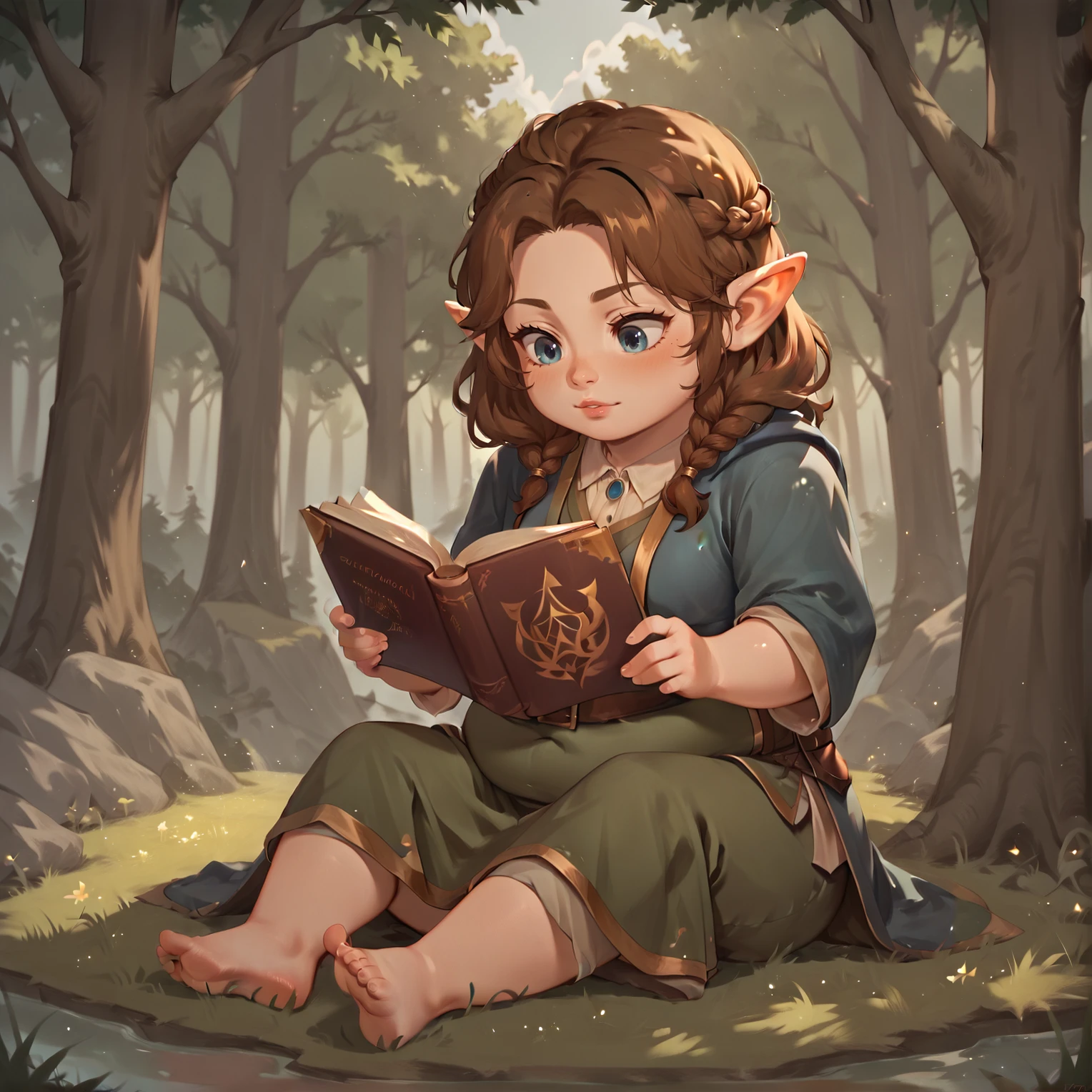 1girl, brown hair, sitting, reading, fully clothed, homespun clothes, forest, pointy ears, <lora:Halflings_Pony_XL:1>, short, chubby, halflings, hobbits, BREAK score_9, score_8_up, score_7_up, best quality, masterpiece, 4k, prefect lighting, very aesthetic, anime, zPDXL2, <lora:IriaStylePony:0.8>, IRIaStyle, chibi