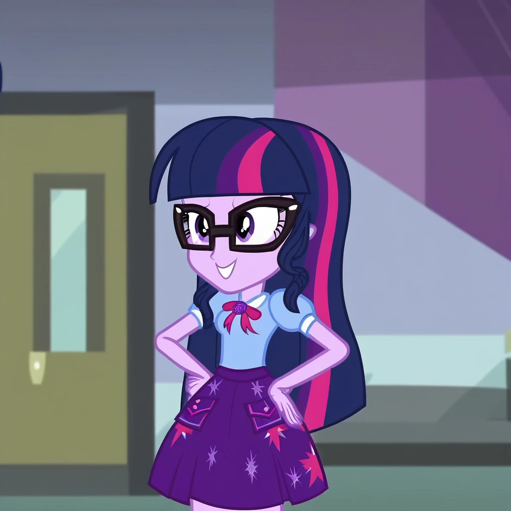 1girl , purple hair, purple skin, purple eyes, multicolored hair, glasses, loose hair, long hair, hands on hip, smile, skirt, blouse, proud