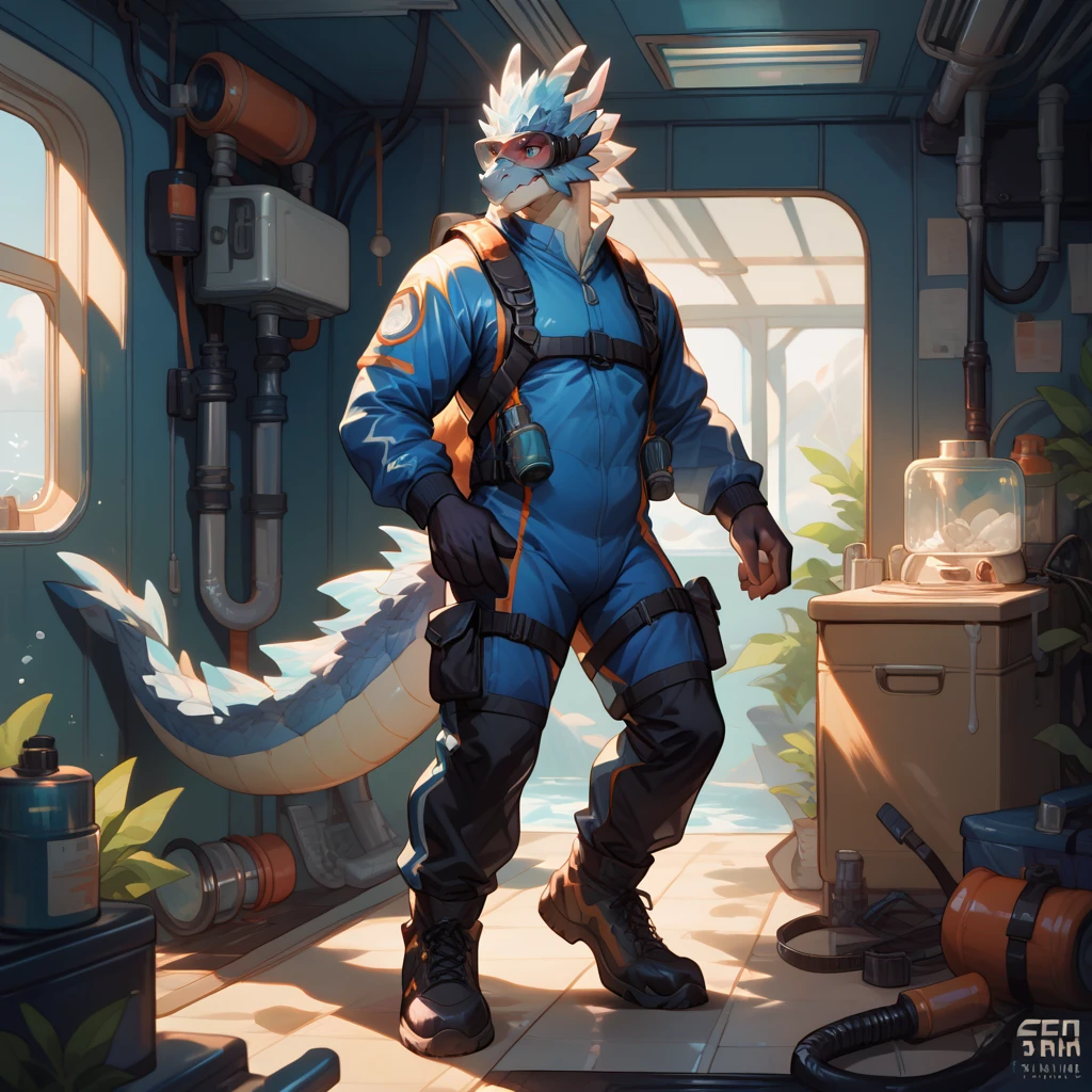 zPDXL,
character design,standing,full body,standing,diver suit,diving goggles,oxygen cylinder,
anthro,male,dragon,5fingers,solo,<lora:Velkhana-NORMAL-XL-rax-v2:0.9>,velkhana,(blue body:0.8),
(submarine:1.3),(porthole:1.2),(indoors:1.2),bodysuit,tactical boots,